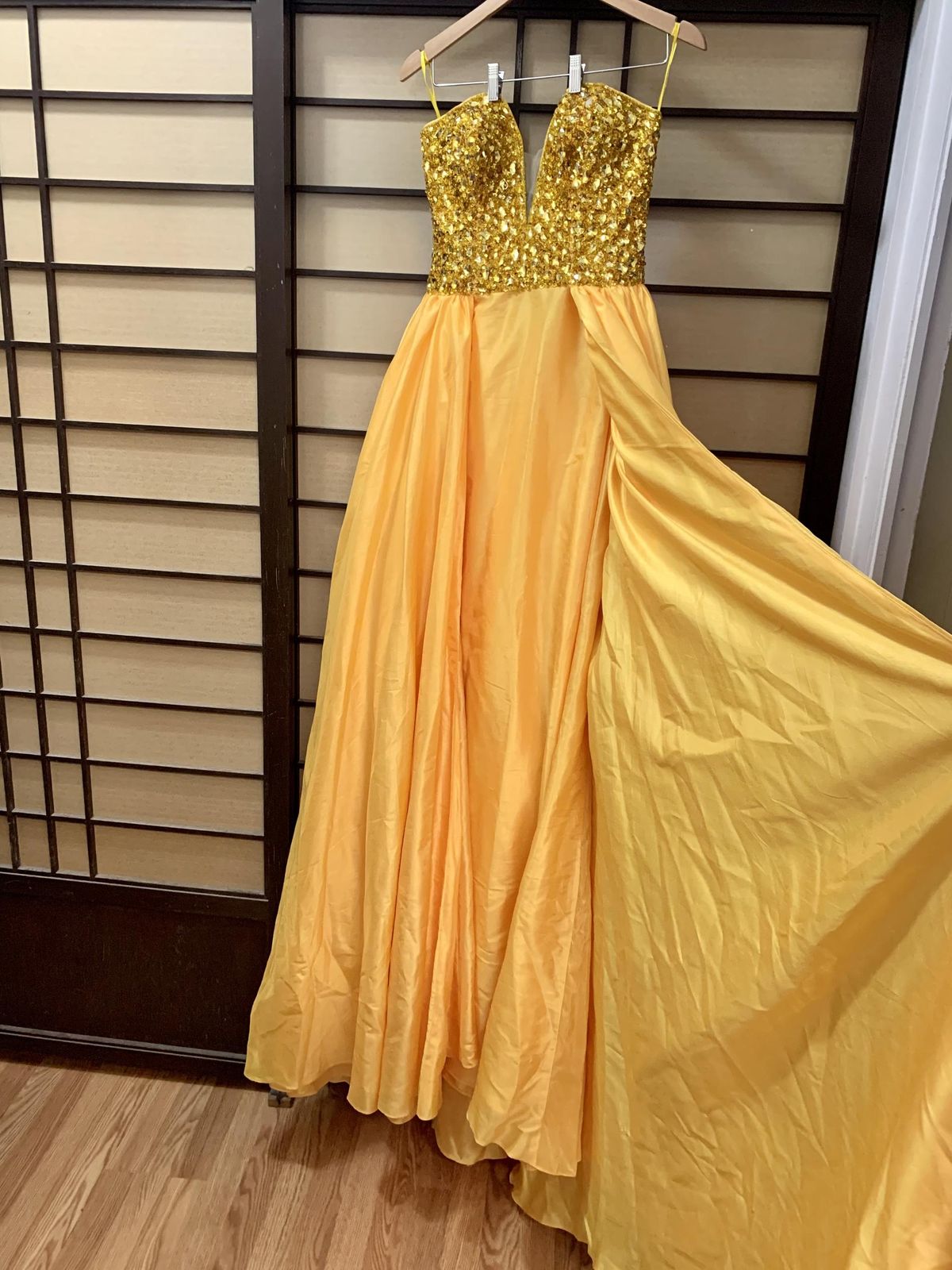Size 6 Pageant Strapless Sequined Yellow A-line Dress on Queenly