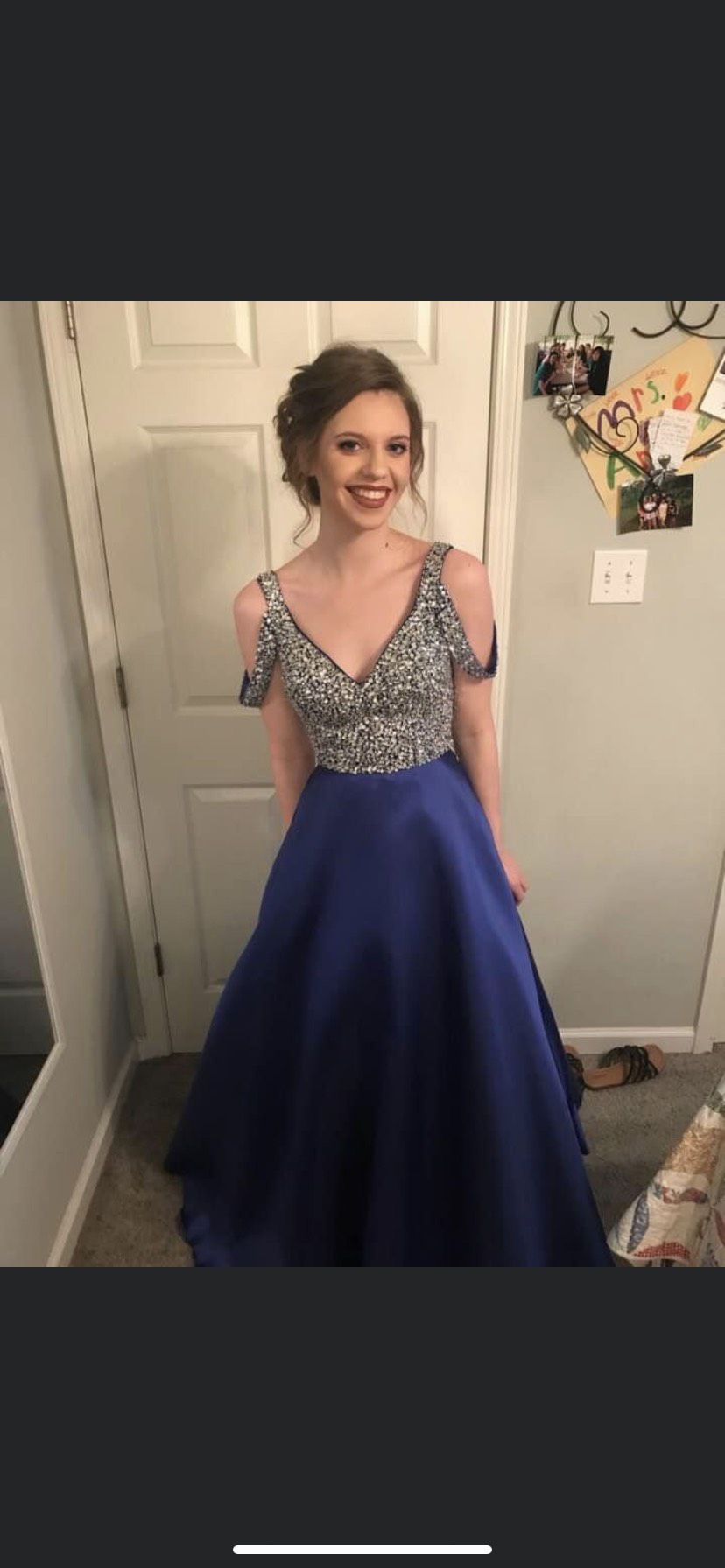 Size 2 Prom Off The Shoulder Sequined Royal Blue Ball Gown on Queenly