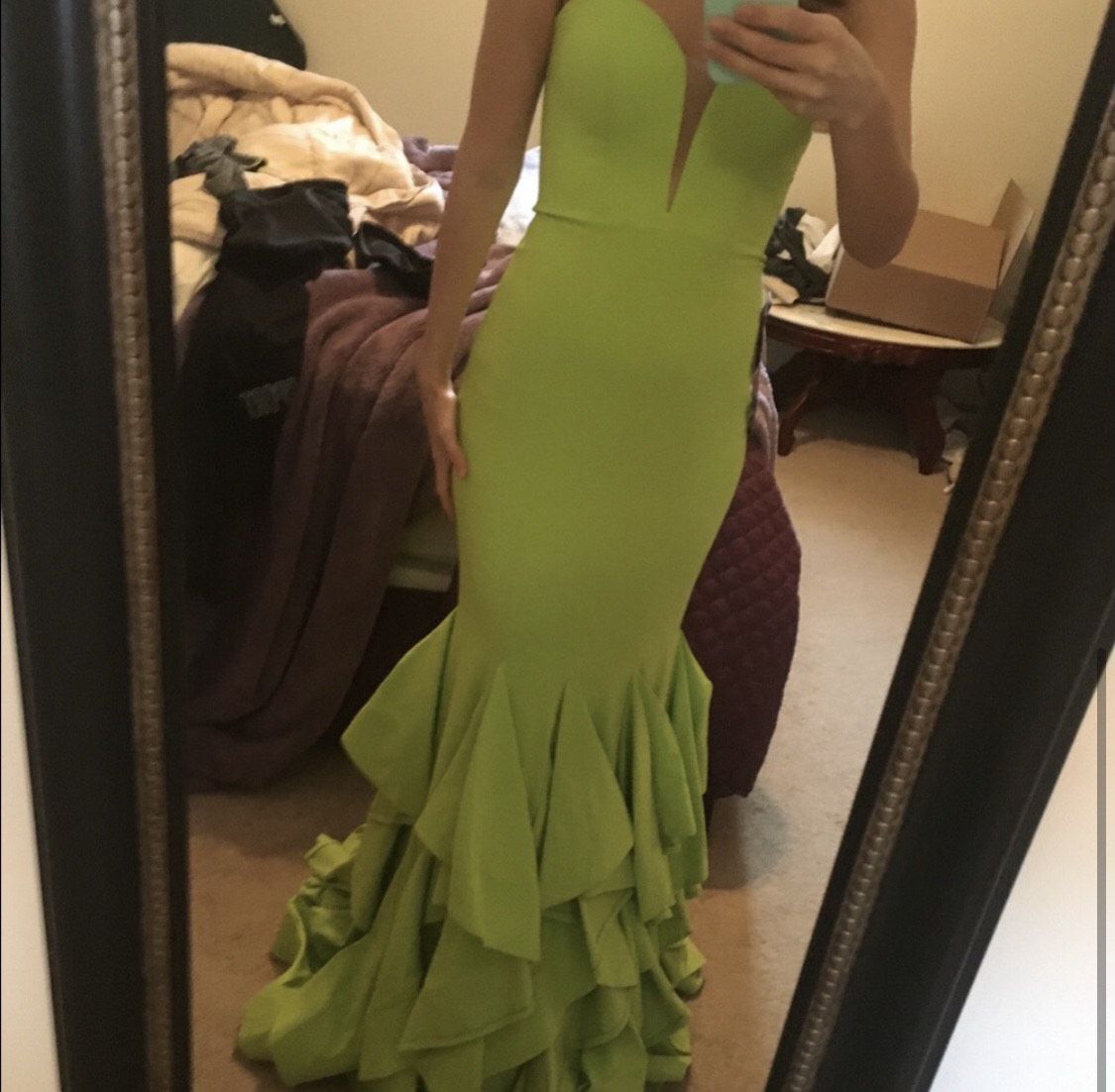 Size 00 Prom Strapless Lime Green Dress With Train on Queenly