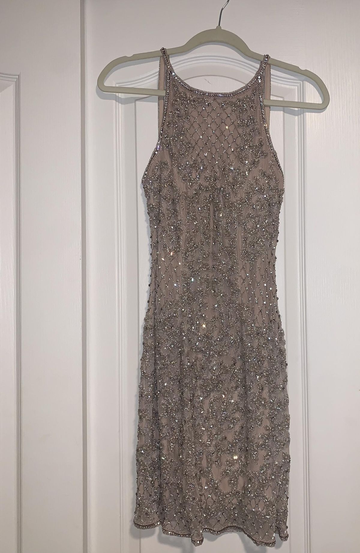 Sherri Hill Size 2 Homecoming Halter Sequined Nude Cocktail Dress on Queenly