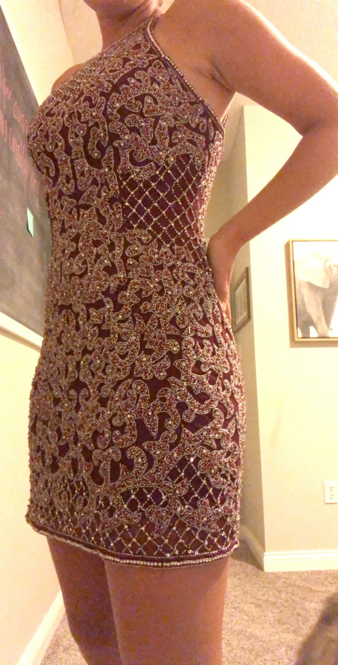 Size 4 Homecoming Halter Sequined Burgundy Red Cocktail Dress on Queenly