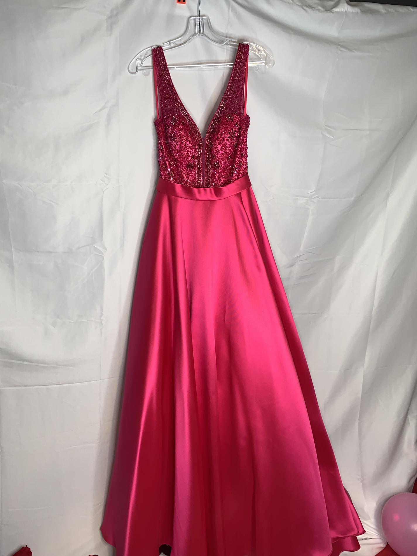 Size 0 Prom Plunge Satin Hot Pink Ball Gown on Queenly