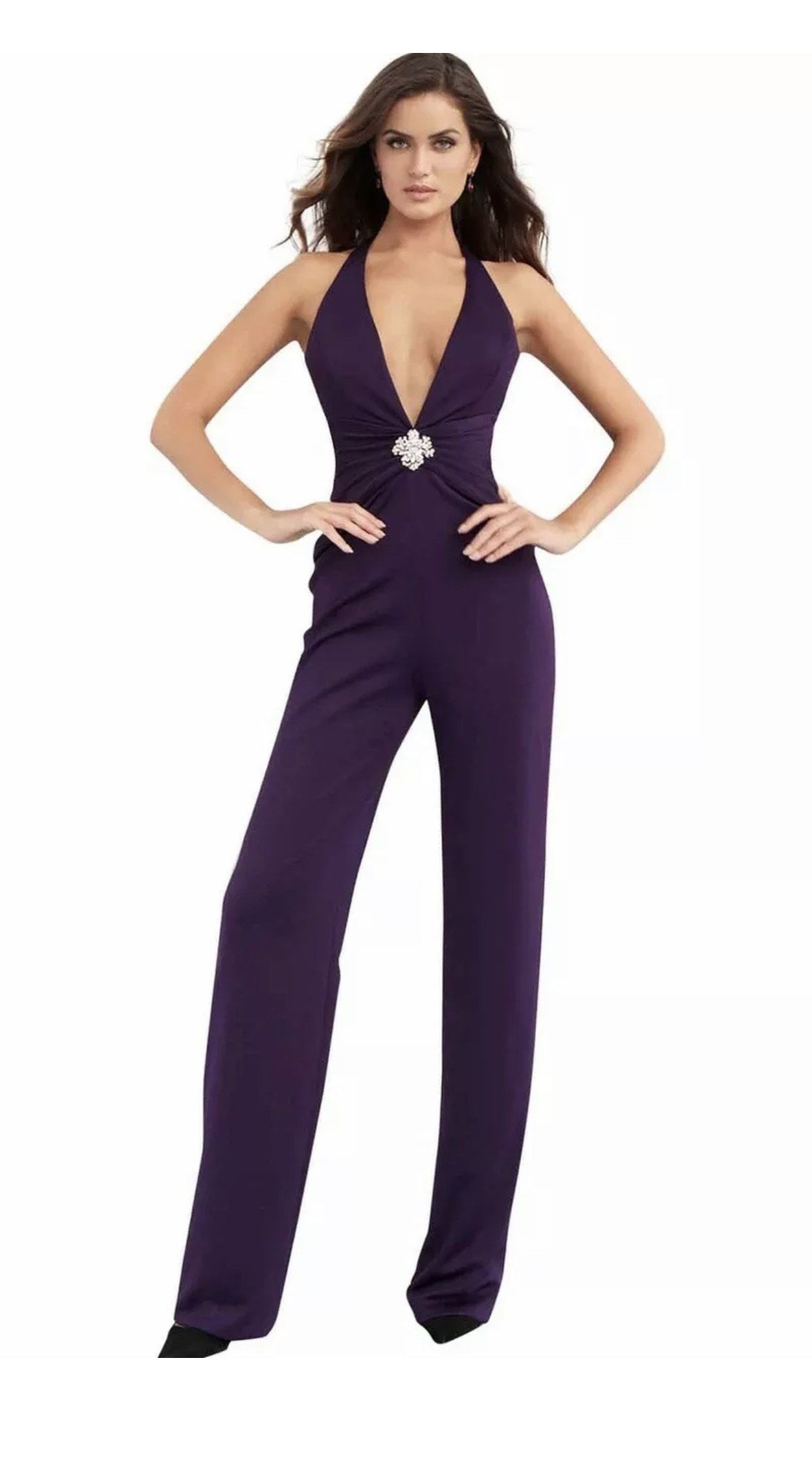 Jovani Size 4 Pageant Interview Plunge Purple Formal Jumpsuit on Queenly