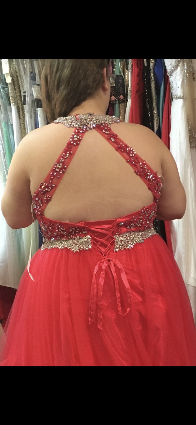 Plus Size 16 Prom High Neck Sequined Red Ball Gown on Queenly
