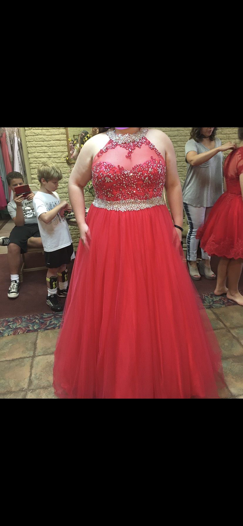 Plus Size 16 Prom High Neck Sequined Red Ball Gown on Queenly