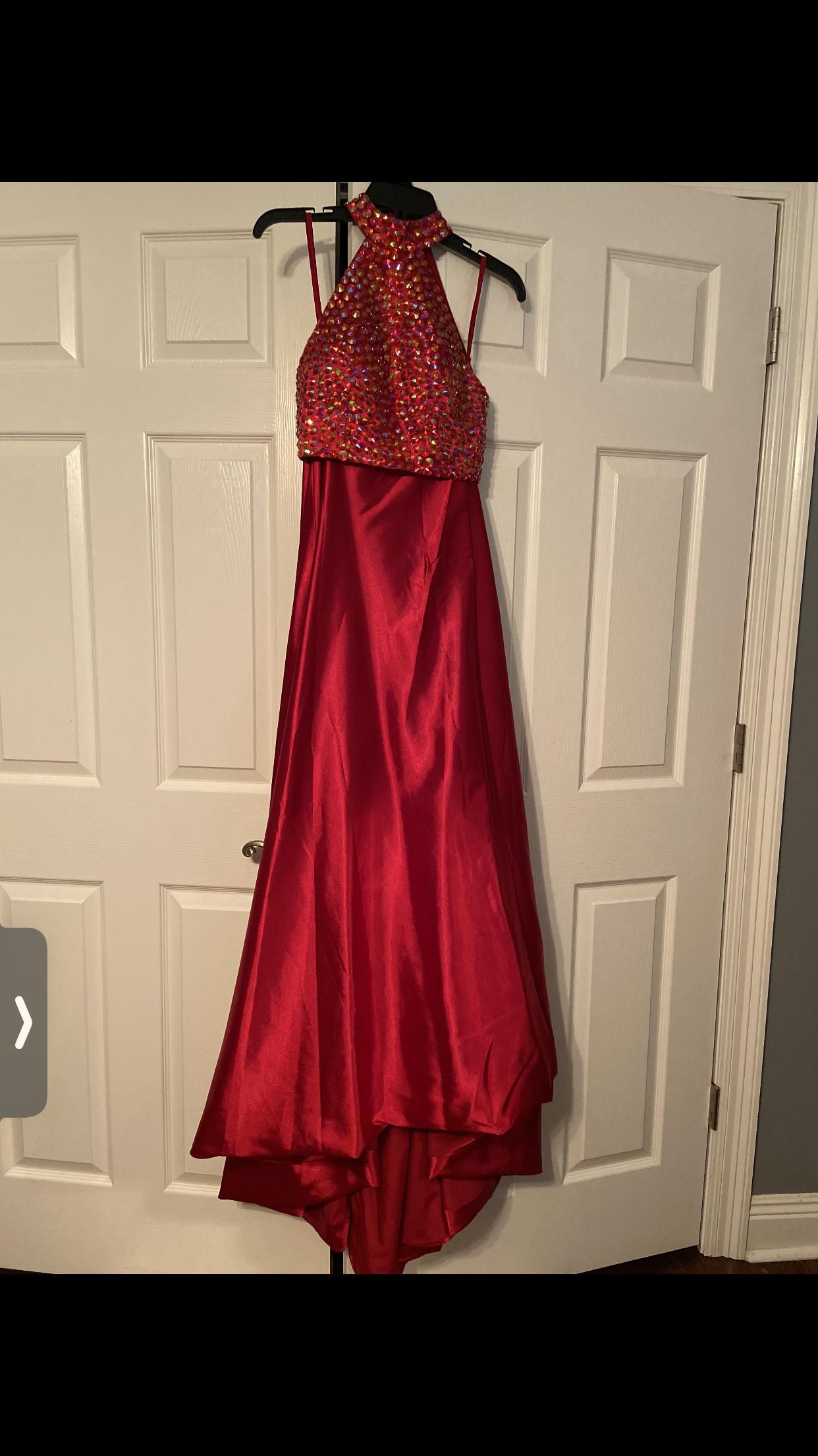 Size 0 Prom Halter Sequined Red Floor Length Maxi on Queenly