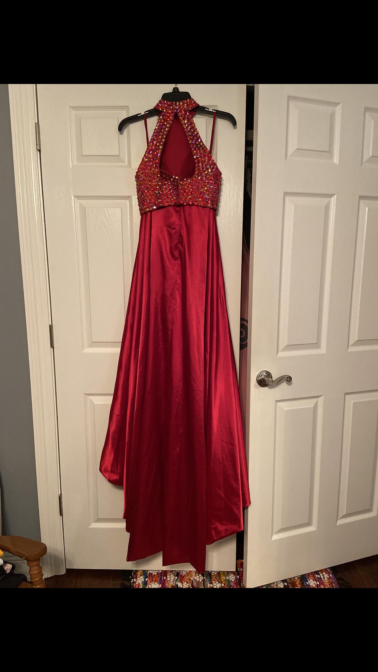 Size 0 Prom Halter Sequined Red Floor Length Maxi on Queenly