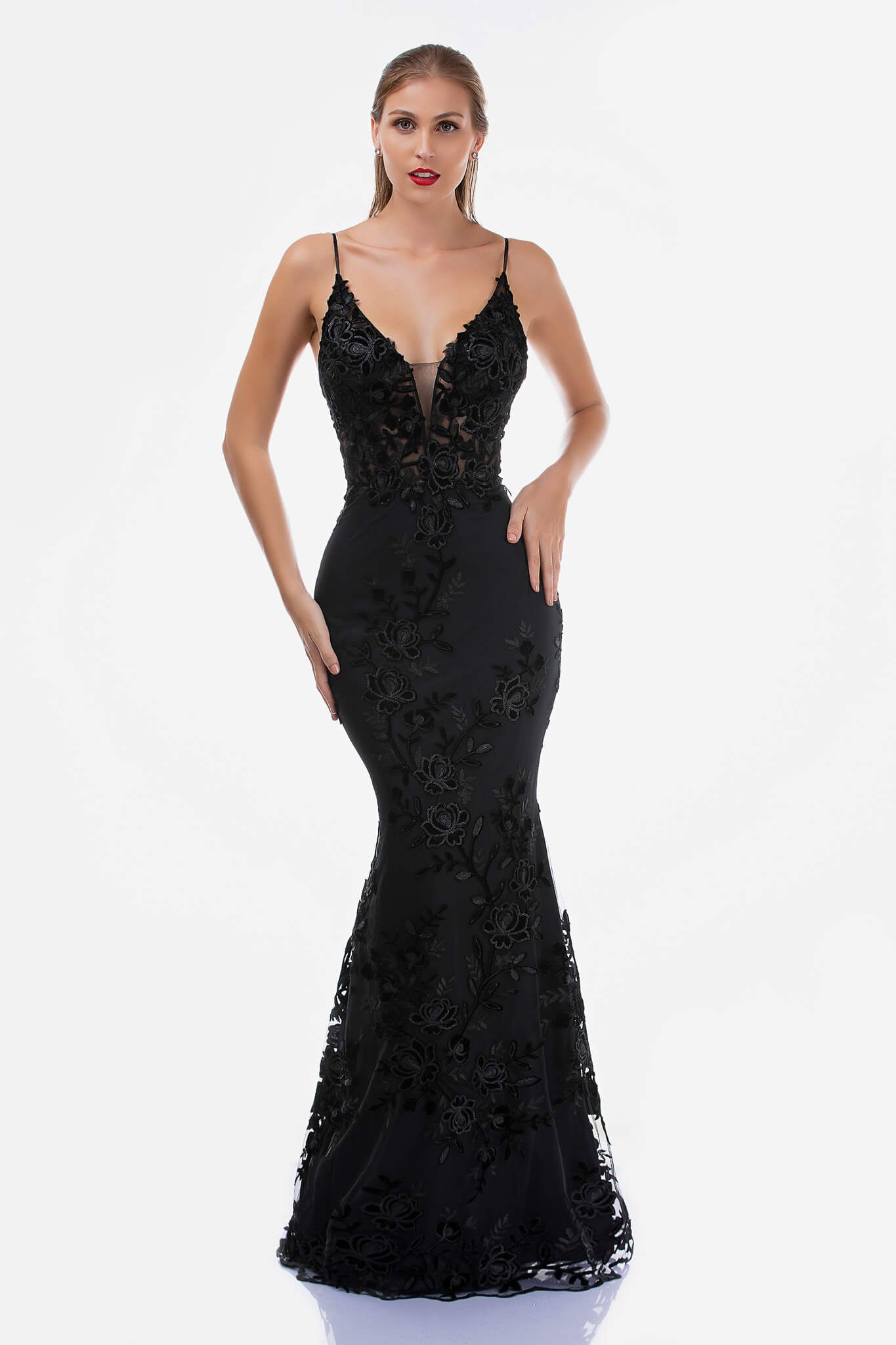 Style 2240 Nina Canacci Size 8 Prom Plunge Lace Black Mermaid Dress on Queenly