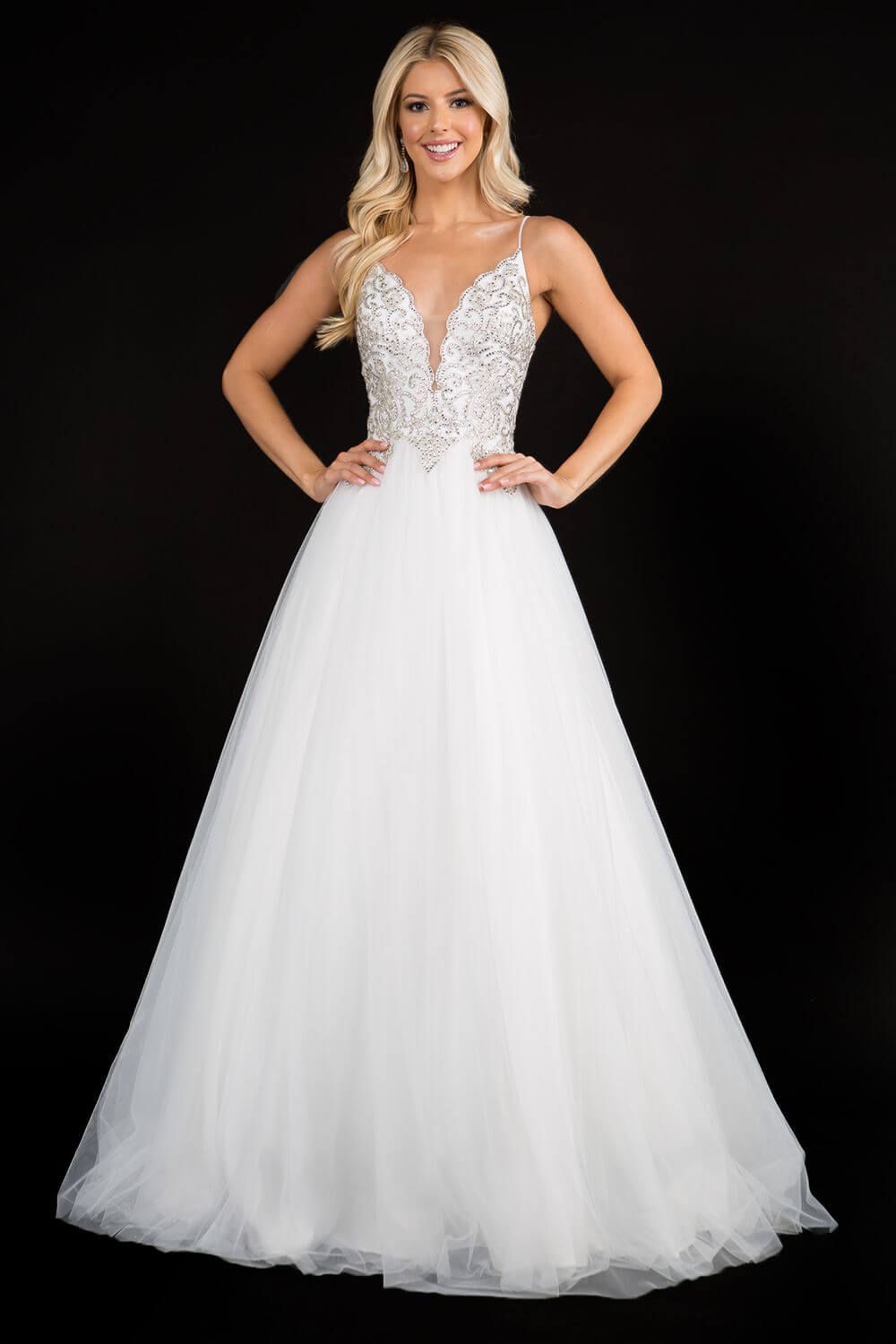 Style 3166 Nina Canacci Size 6 Wedding Plunge Lace White Ball Gown on Queenly