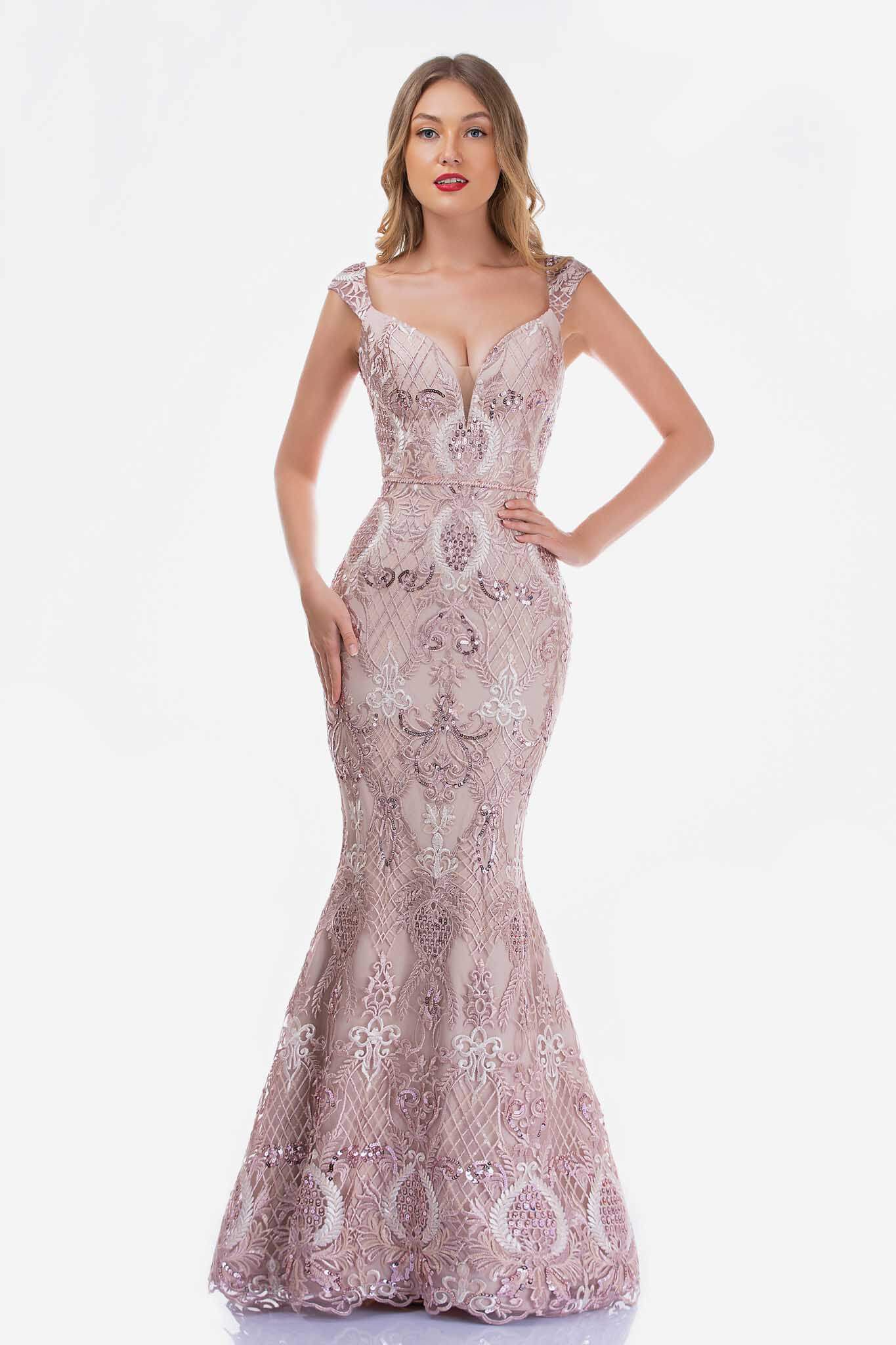 Style 2243 Nina Canacci Size 12 Prom Cap Sleeve Sequined Rose Gold Mermaid Dress on Queenly
