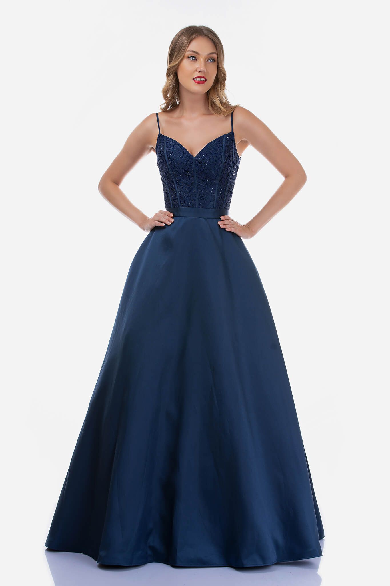 Style 2250 Nina Canacci Size 12 Prom Lace Navy Blue Ball Gown on Queenly