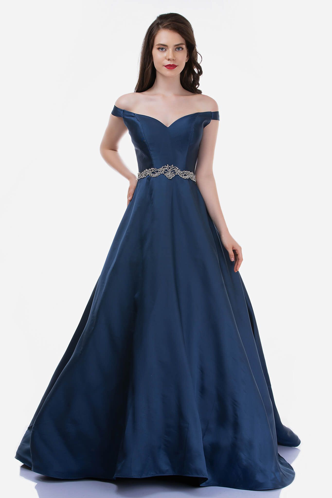 Style 2258 Nina Canacci Size 8 Prom Off The Shoulder Navy Blue Ball Gown on Queenly