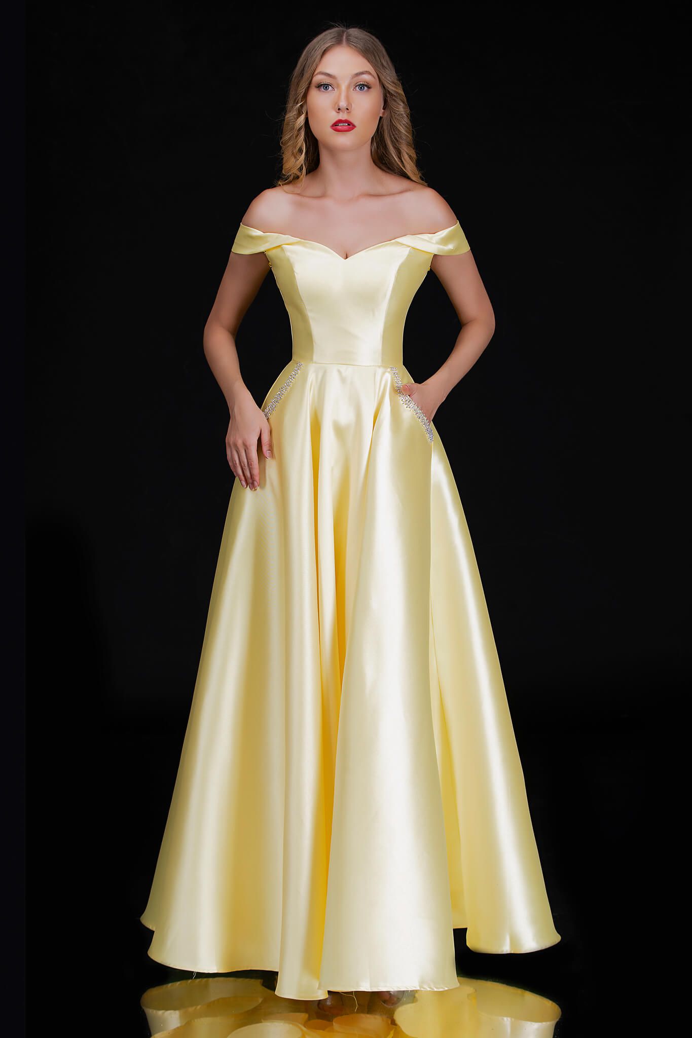 Style 6521 Nina Canacci Size 8 Prom Off The Shoulder Satin Yellow A-line Dress on Queenly