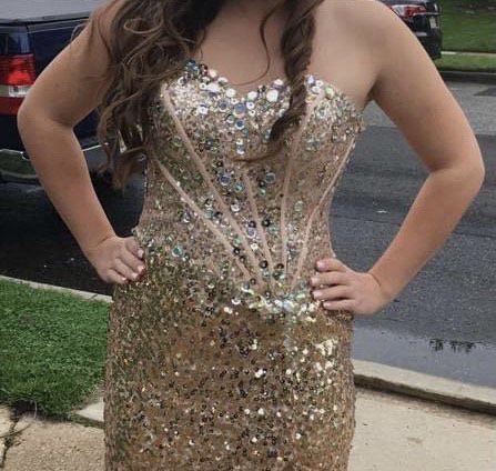Size 2 Prom Strapless Sequined Gold Side Slit Dress on Queenly