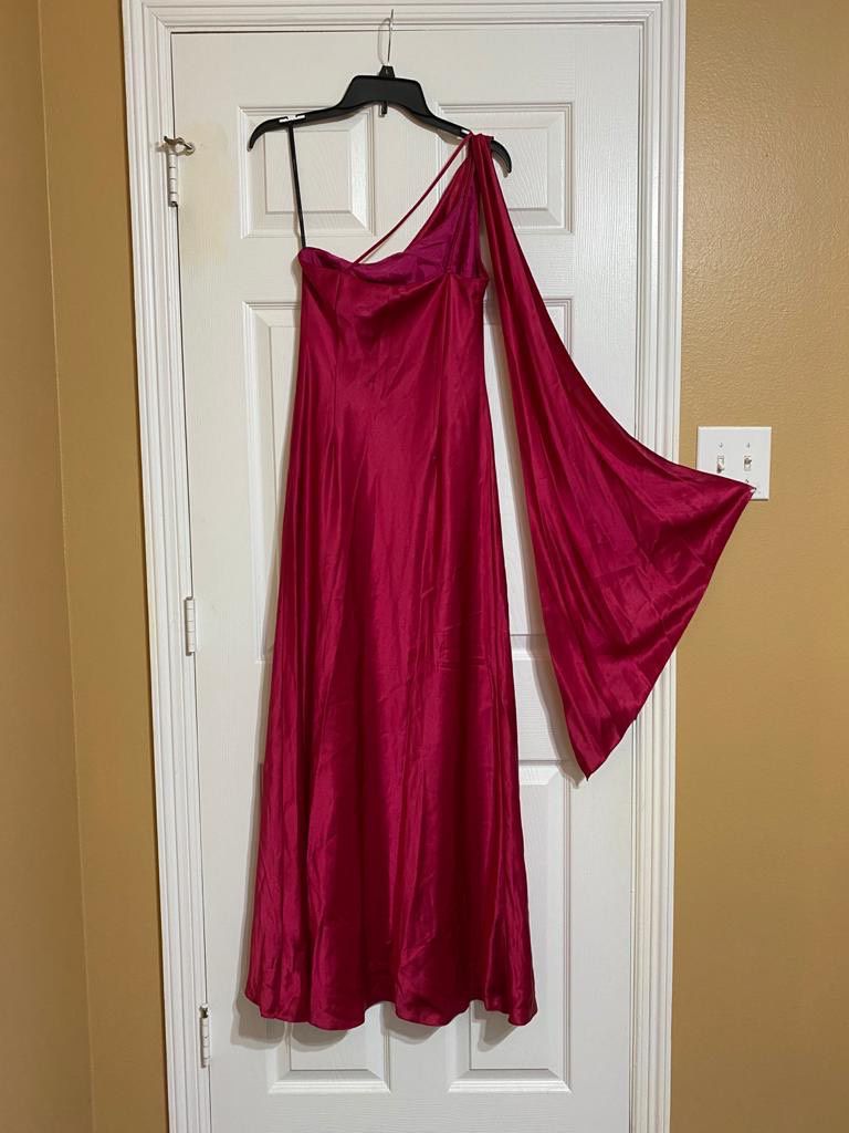 Size 12 Bridesmaid One Shoulder Satin Pink Floor Length Maxi on Queenly