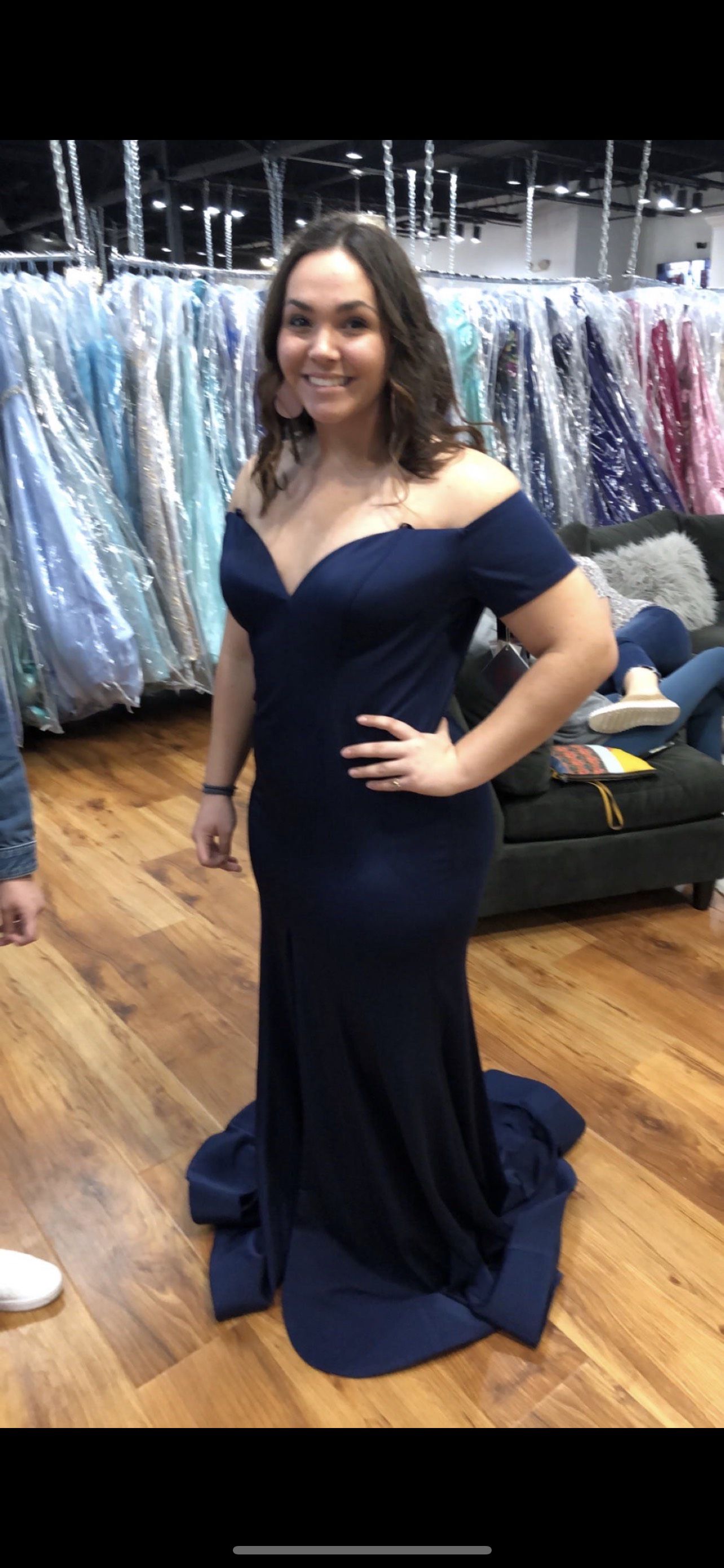 Glory Size 14 Prom Off The Shoulder Navy Blue Side Slit Dress on Queenly
