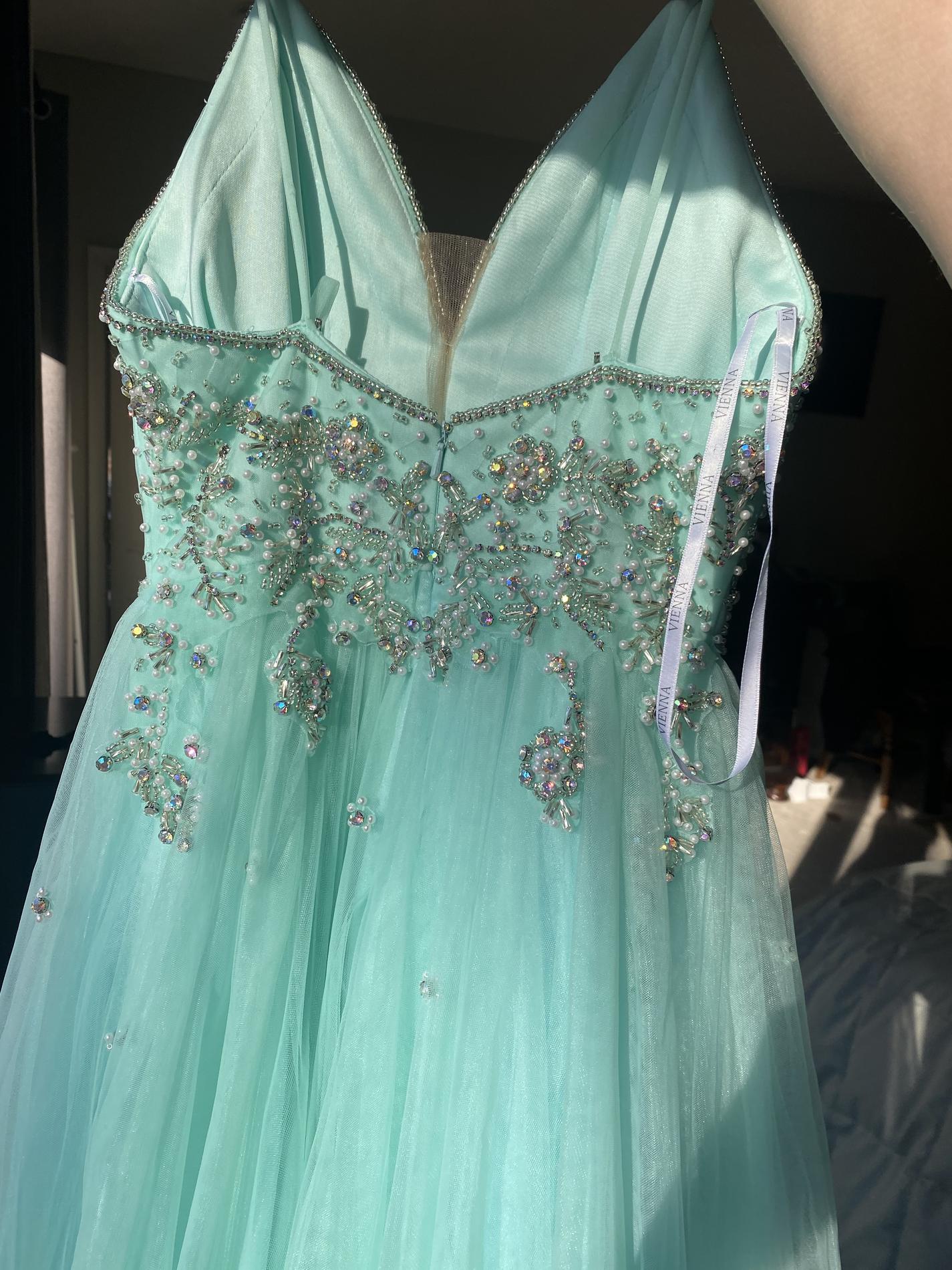 Vienna Size 0 Prom Plunge Sequined Light Green Dress With Train on Queenly