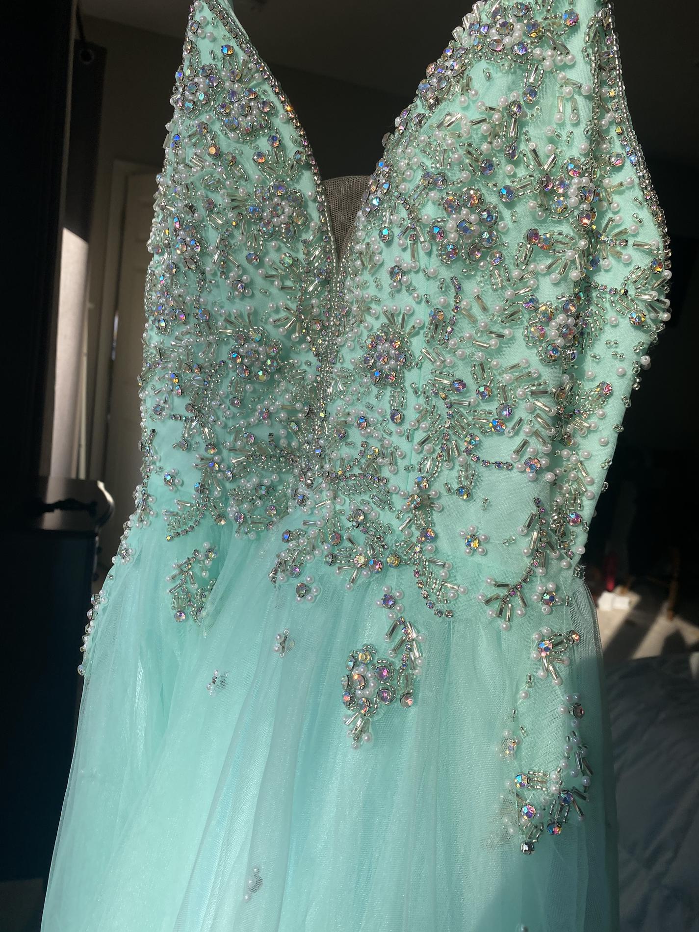 Vienna Size 0 Prom Plunge Sequined Light Green Dress With Train on Queenly