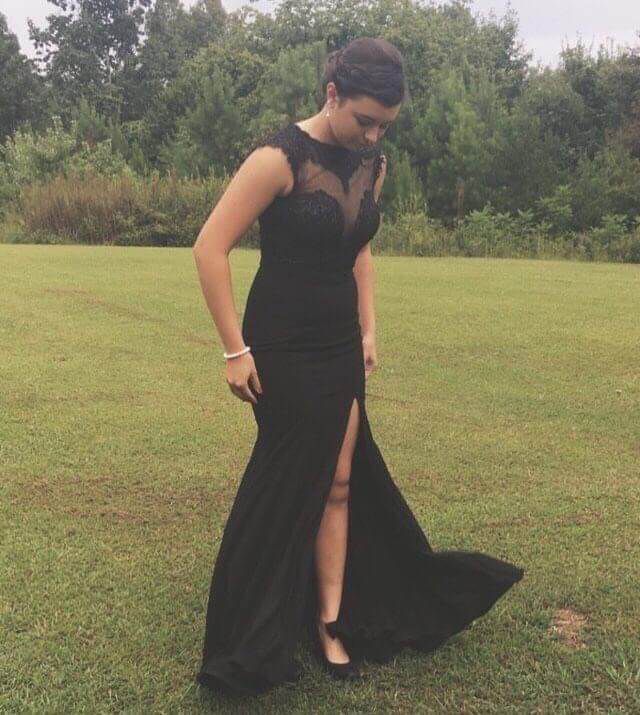 Size 4 Prom Cap Sleeve Sheer Black Side Slit Dress on Queenly