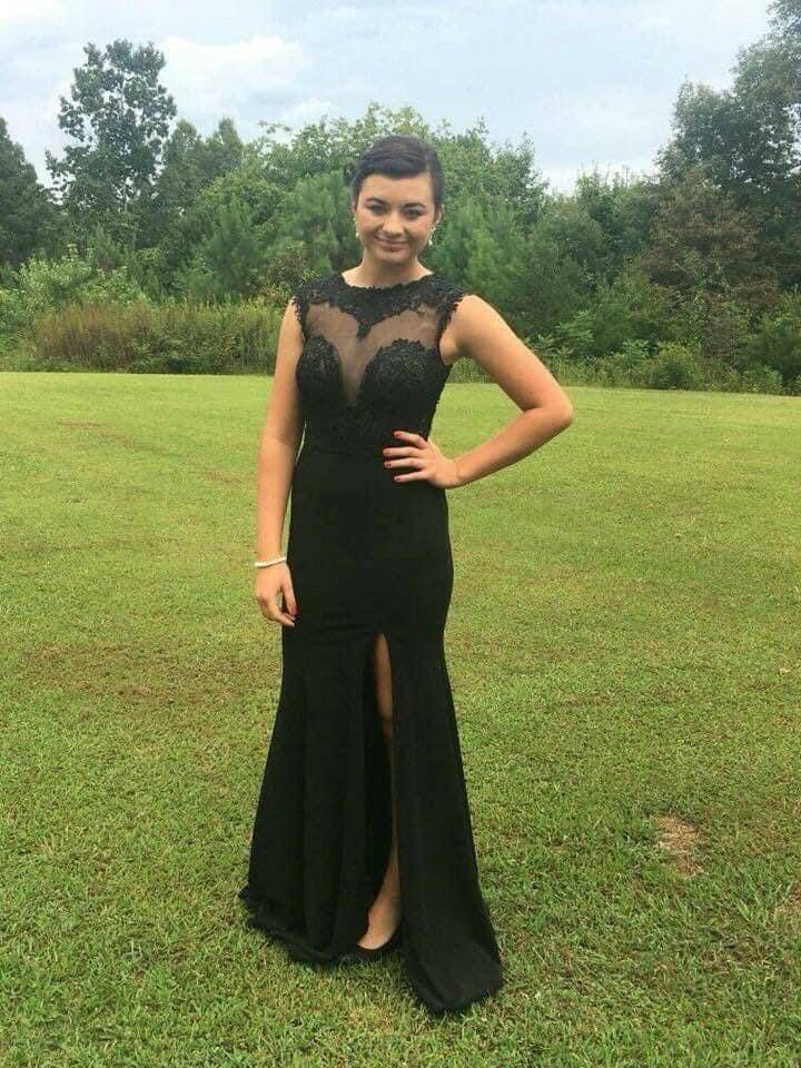 Size 4 Prom Cap Sleeve Sheer Black Side Slit Dress on Queenly
