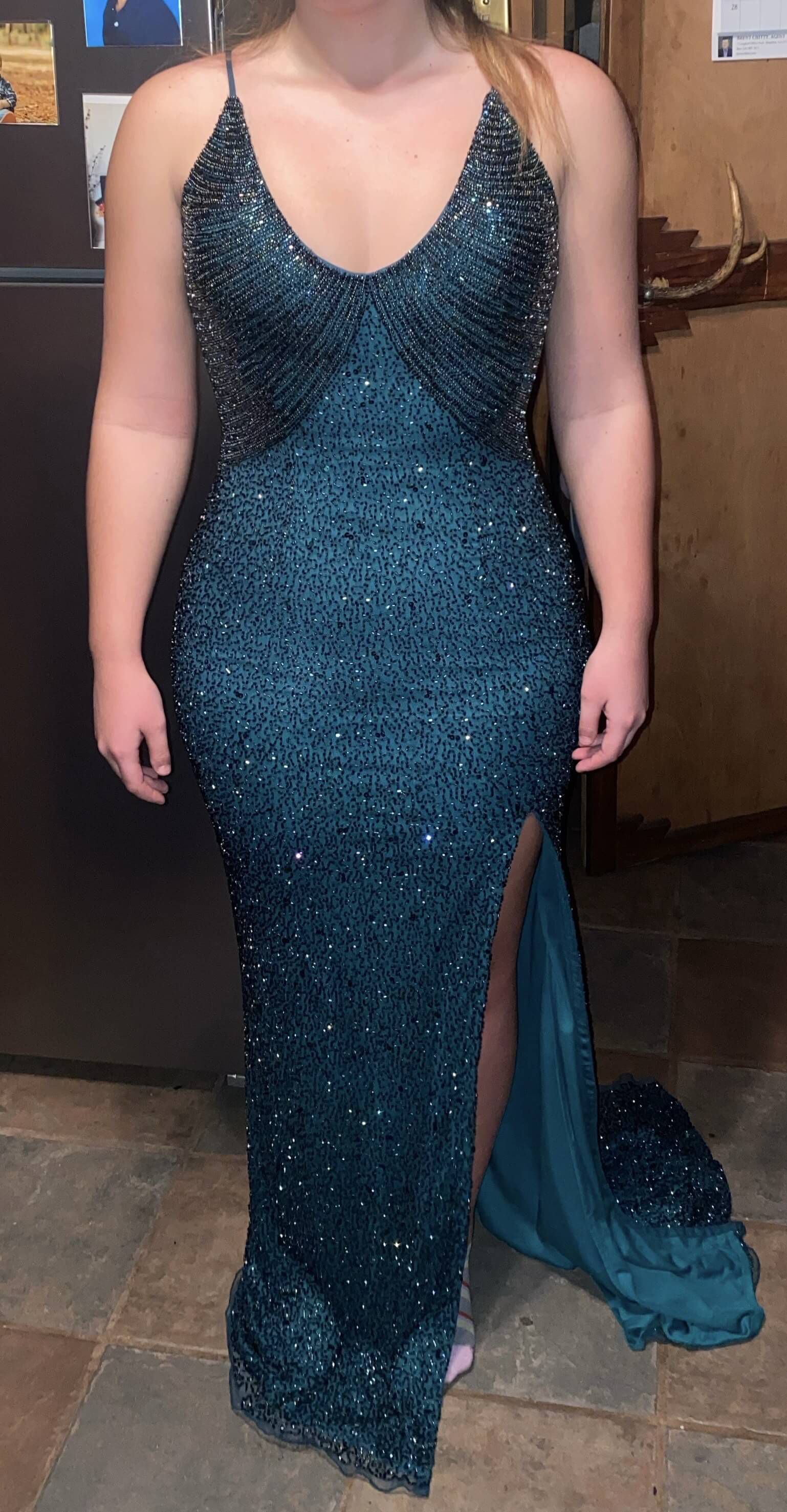 Ashley Lauren Size 8 Prom Plunge Blue Side Slit Dress on Queenly