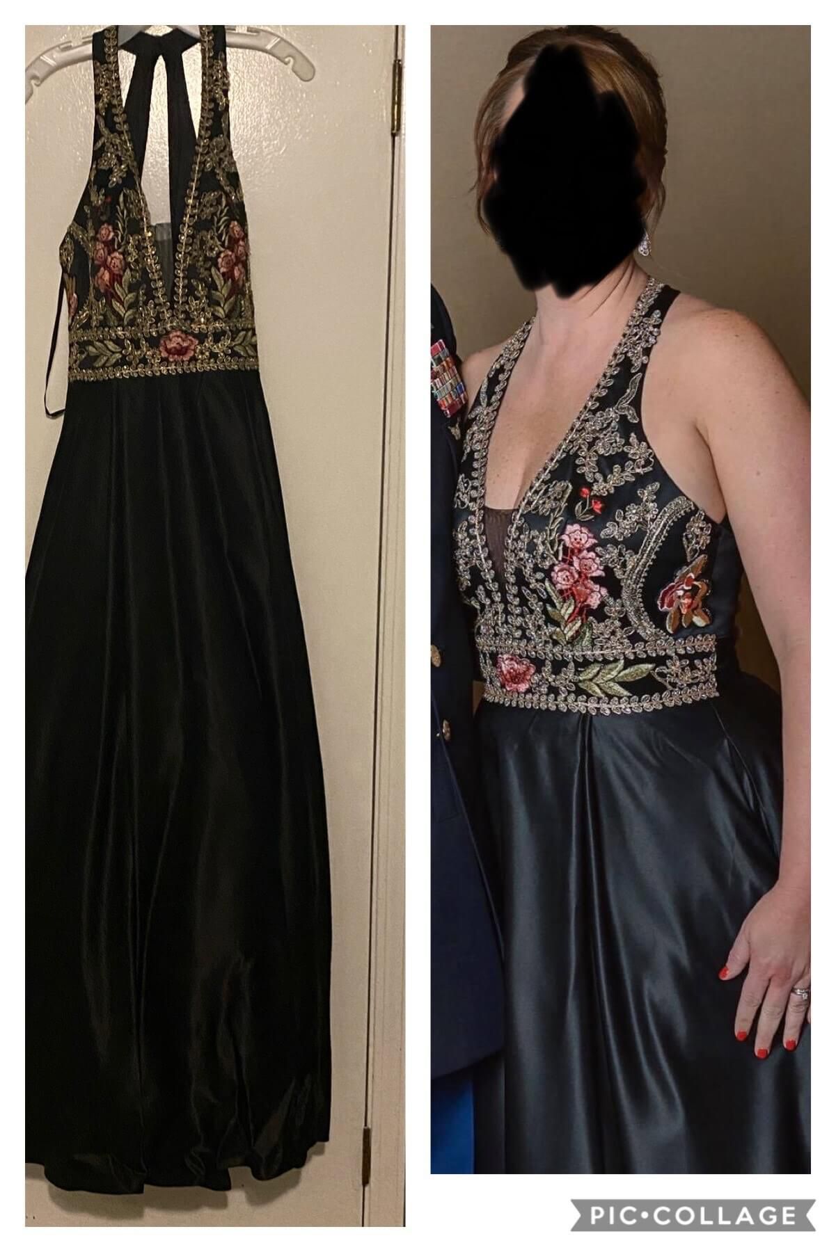 Size 12 Plunge Floral Black Ball Gown on Queenly
