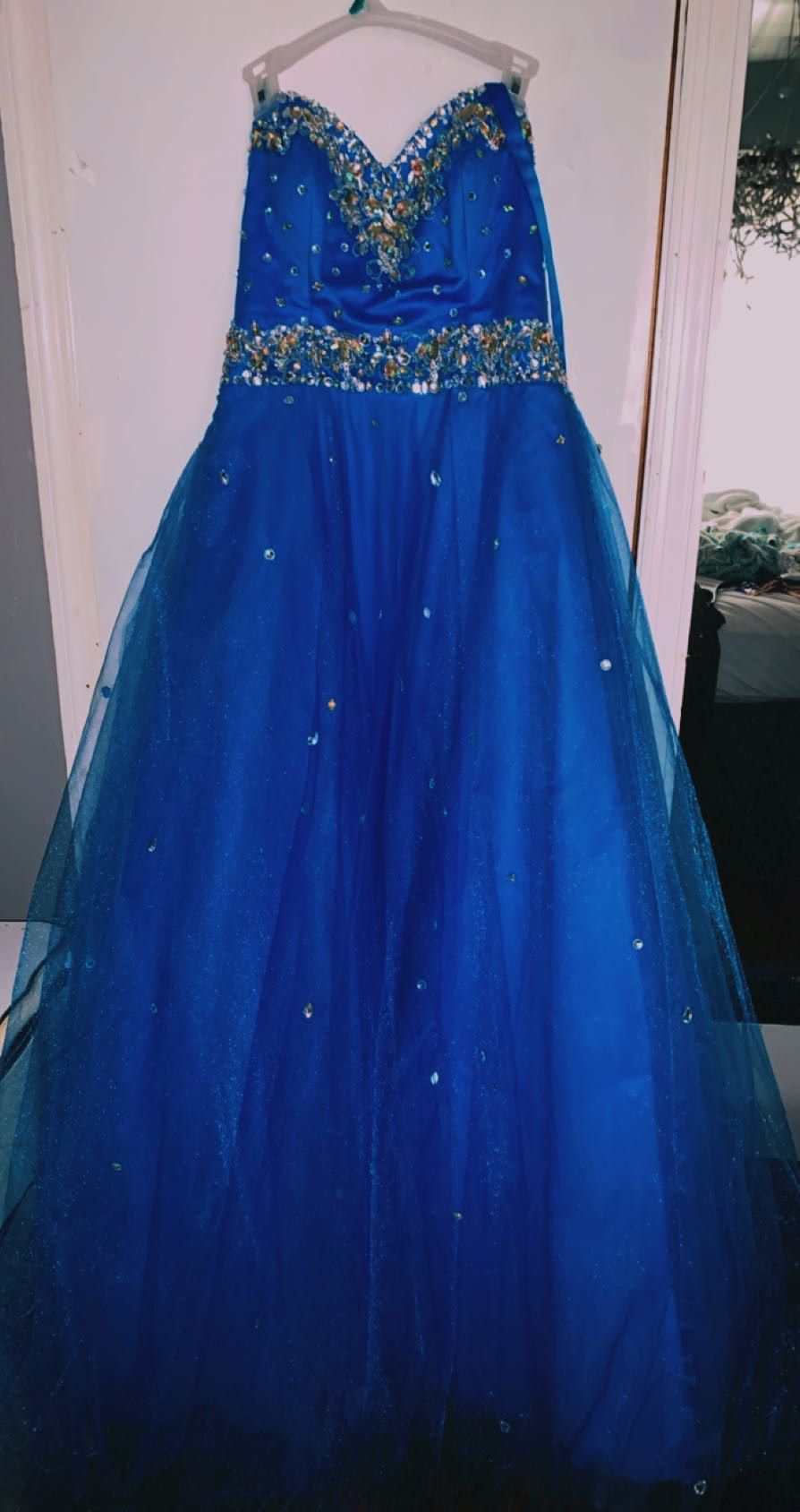 Size 14 Prom Strapless Sequined Blue Ball Gown on Queenly