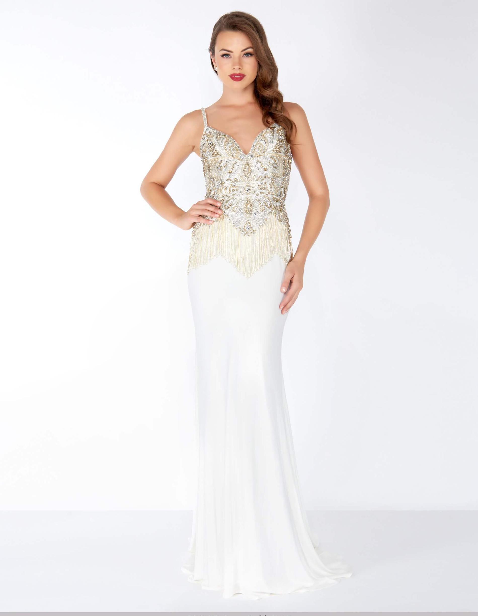 Style 62957 Mac Duggal Size 10 Prom Sequined White Mermaid Dress on Queenly
