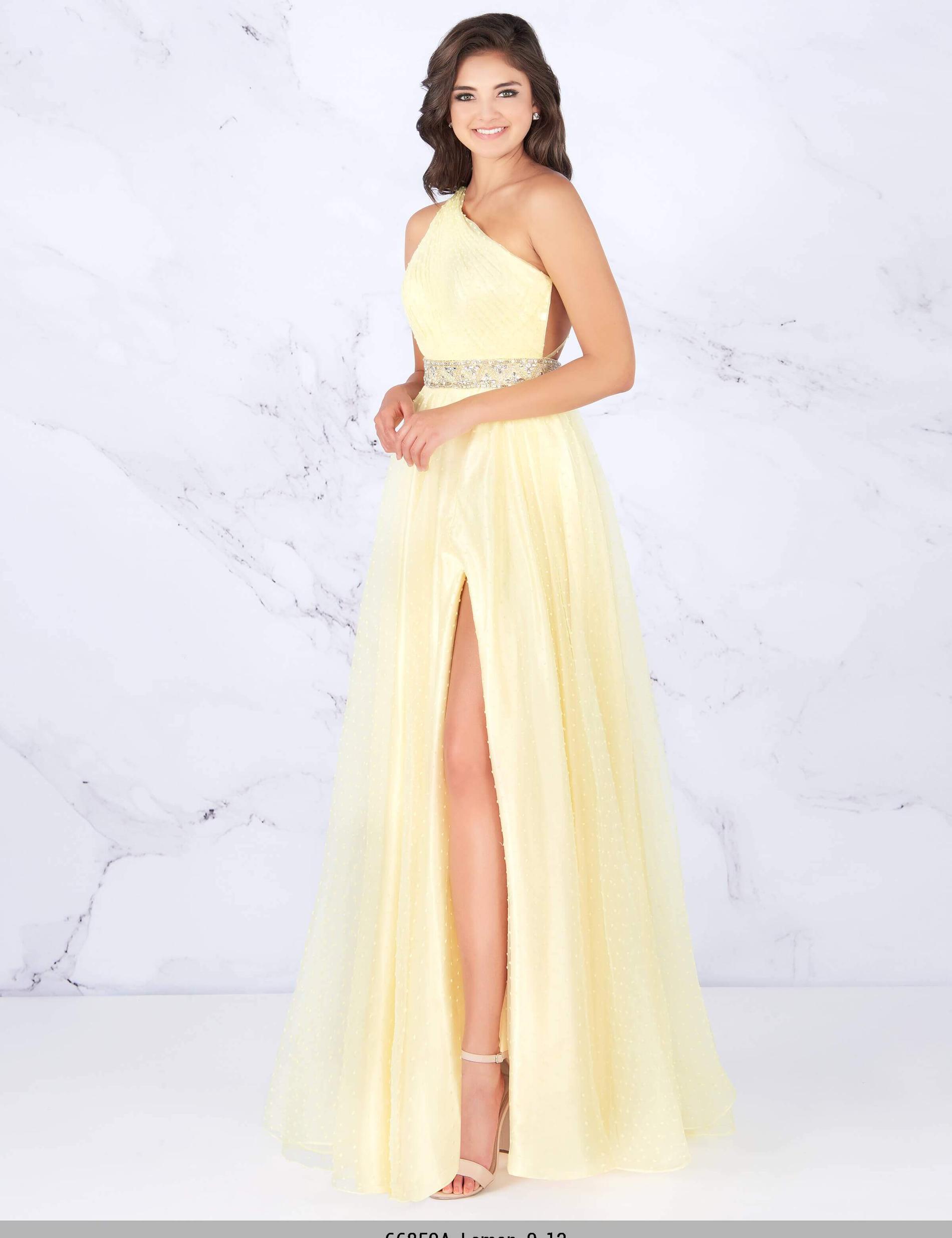 Style 66859 Mac Duggal Size 4 Prom One Shoulder Sequined Yellow A-line Dress on Queenly
