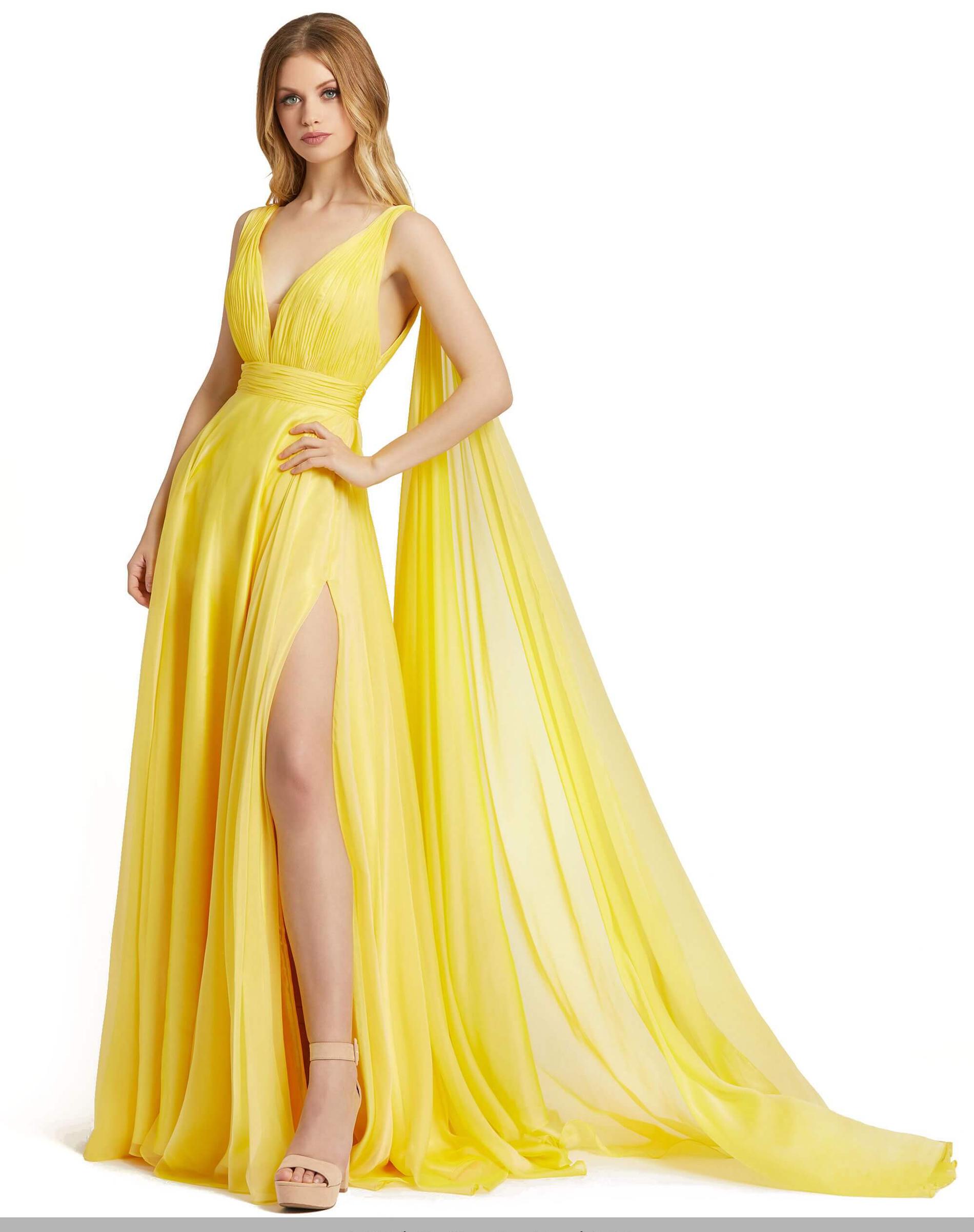 Style 67391 Mac Duggal Size 0 Prom Yellow Side Slit Dress on Queenly