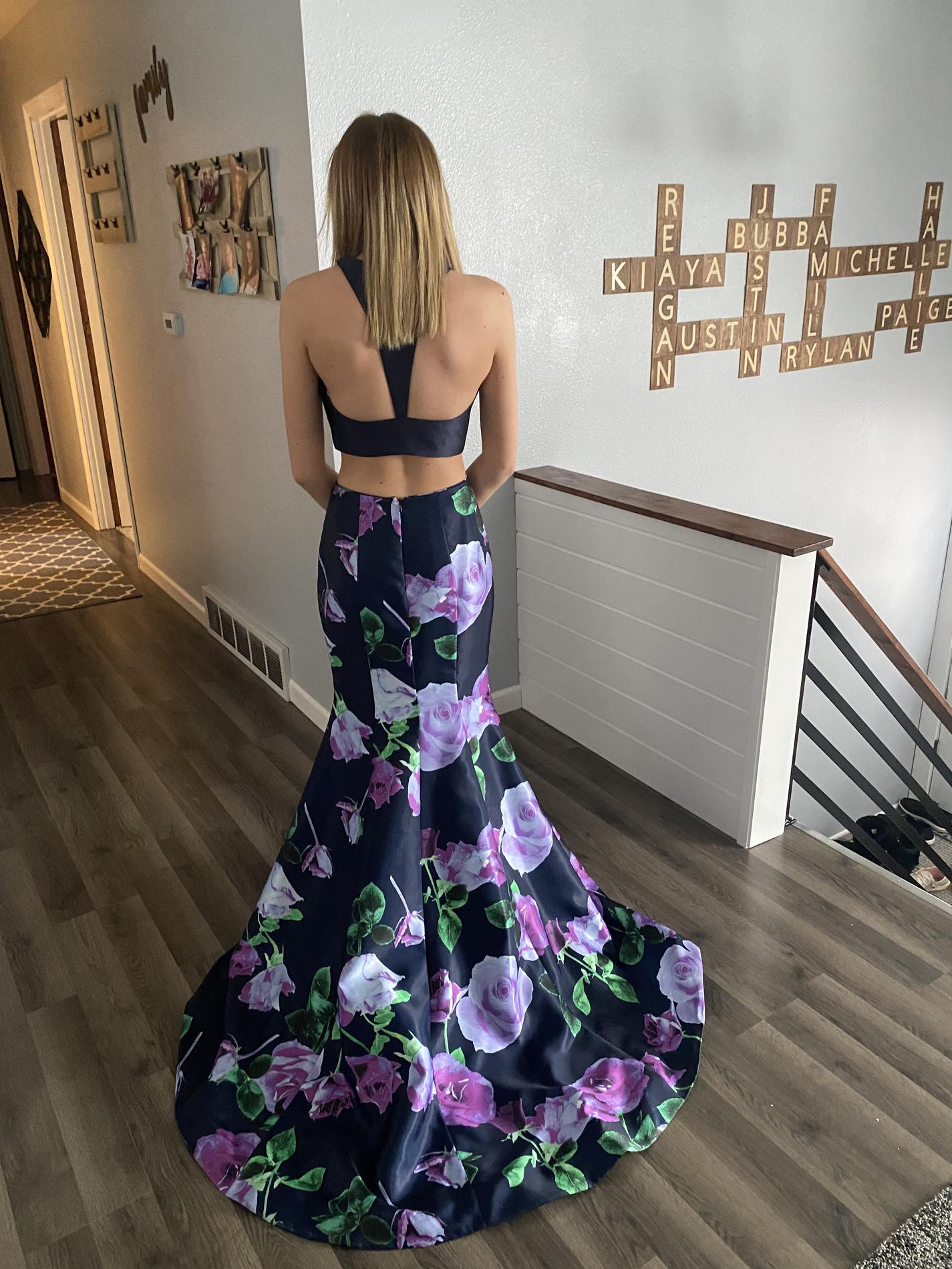 Rachel Allan Size 4 Prom Halter Floral Blue Mermaid Dress on Queenly