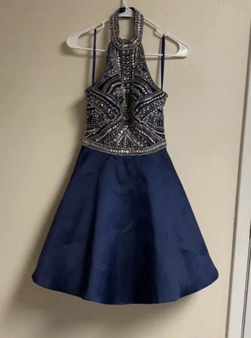 Size 4 Homecoming Halter Sequined Navy Blue Cocktail Dress on Queenly