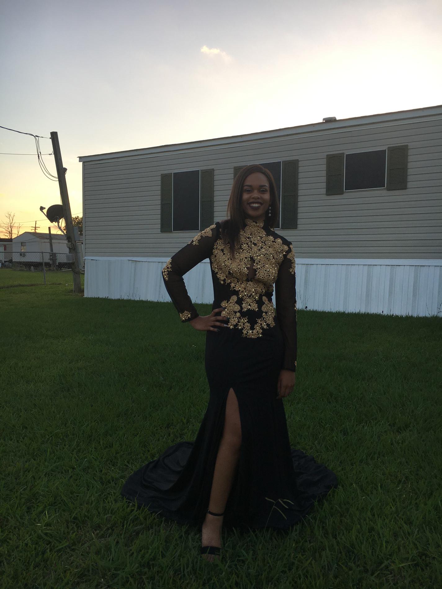 Size 12 Prom Long Sleeve Black Side Slit Dress on Queenly