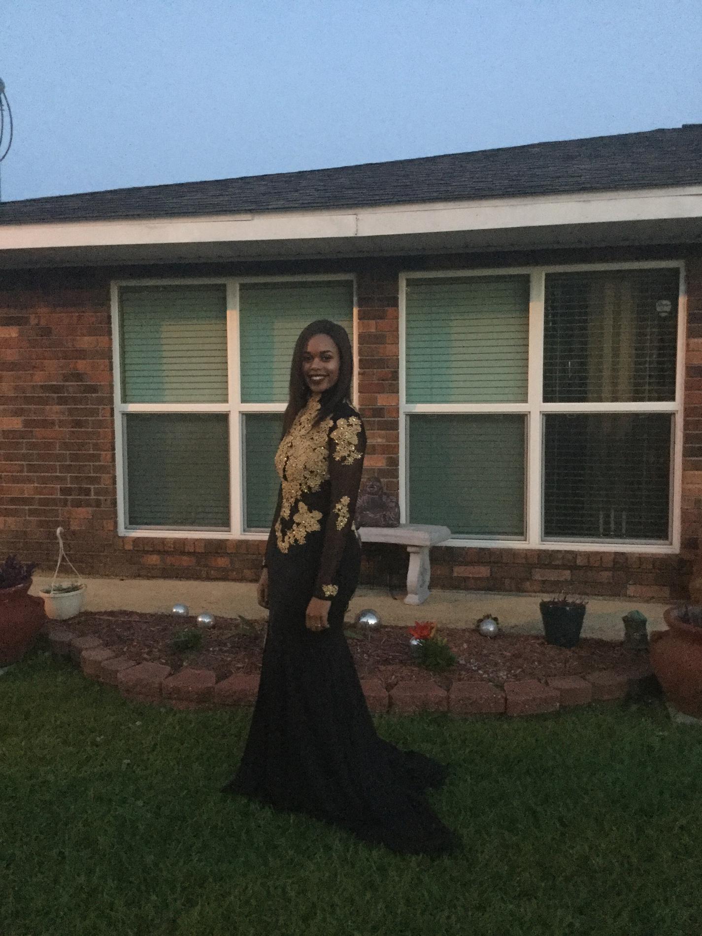 Size 12 Prom Long Sleeve Black Side Slit Dress on Queenly