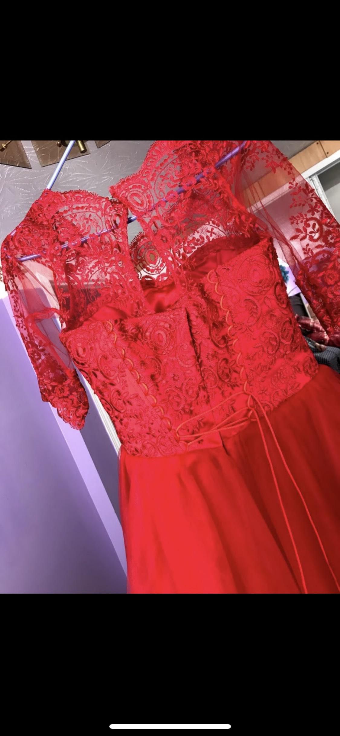 Size 8 Prom Long Sleeve Lace Red Ball Gown on Queenly
