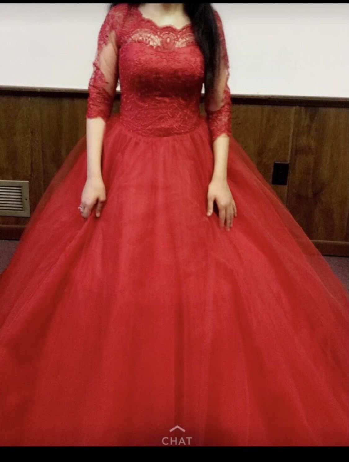 Size 8 Prom Long Sleeve Lace Red Ball Gown on Queenly