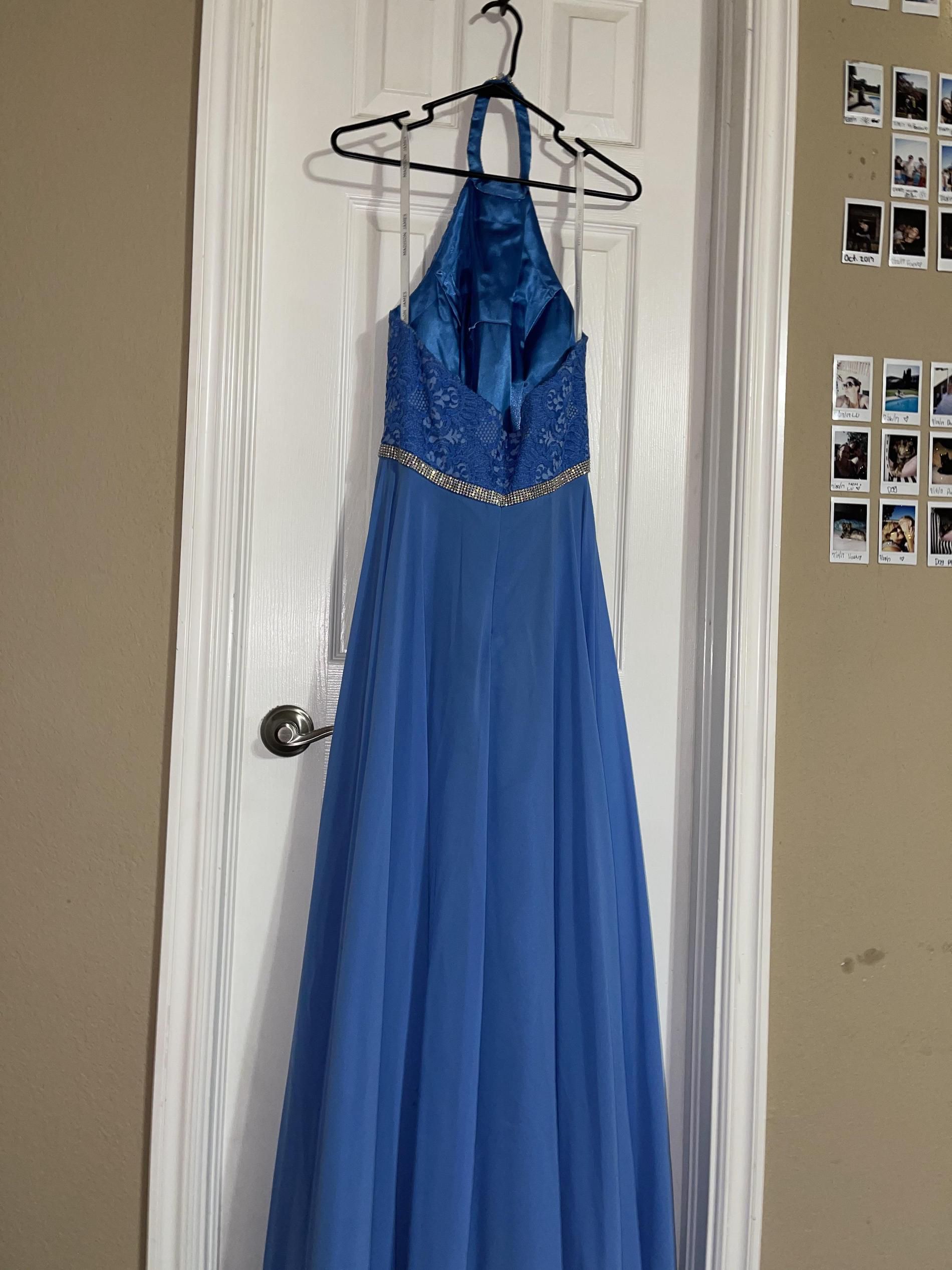 Size 8 Halter Lace Blue Floor Length Maxi on Queenly
