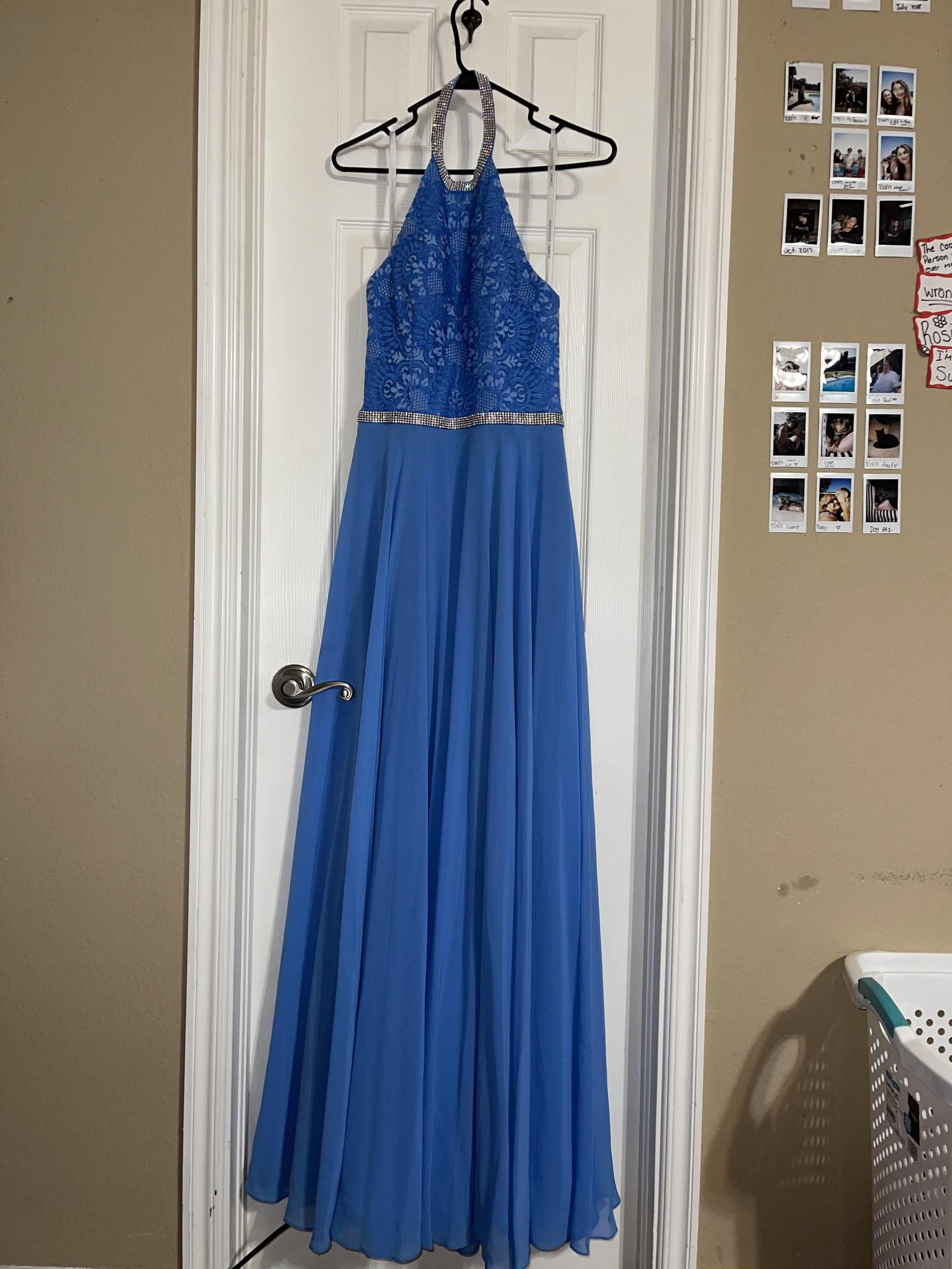 Size 8 Halter Lace Blue Floor Length Maxi on Queenly