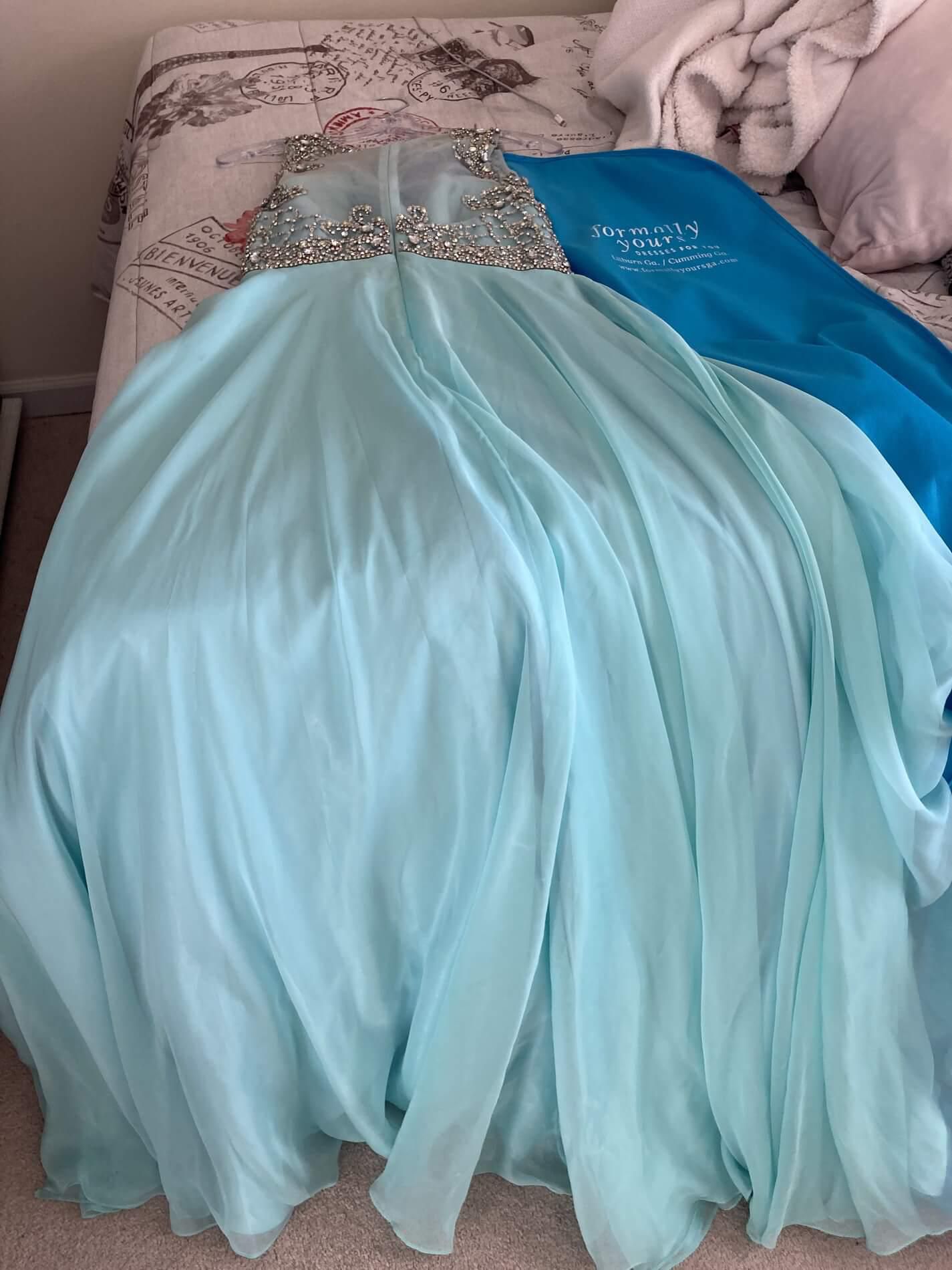 Size 8 Prom High Neck Sequined Light Blue Ball Gown on Queenly
