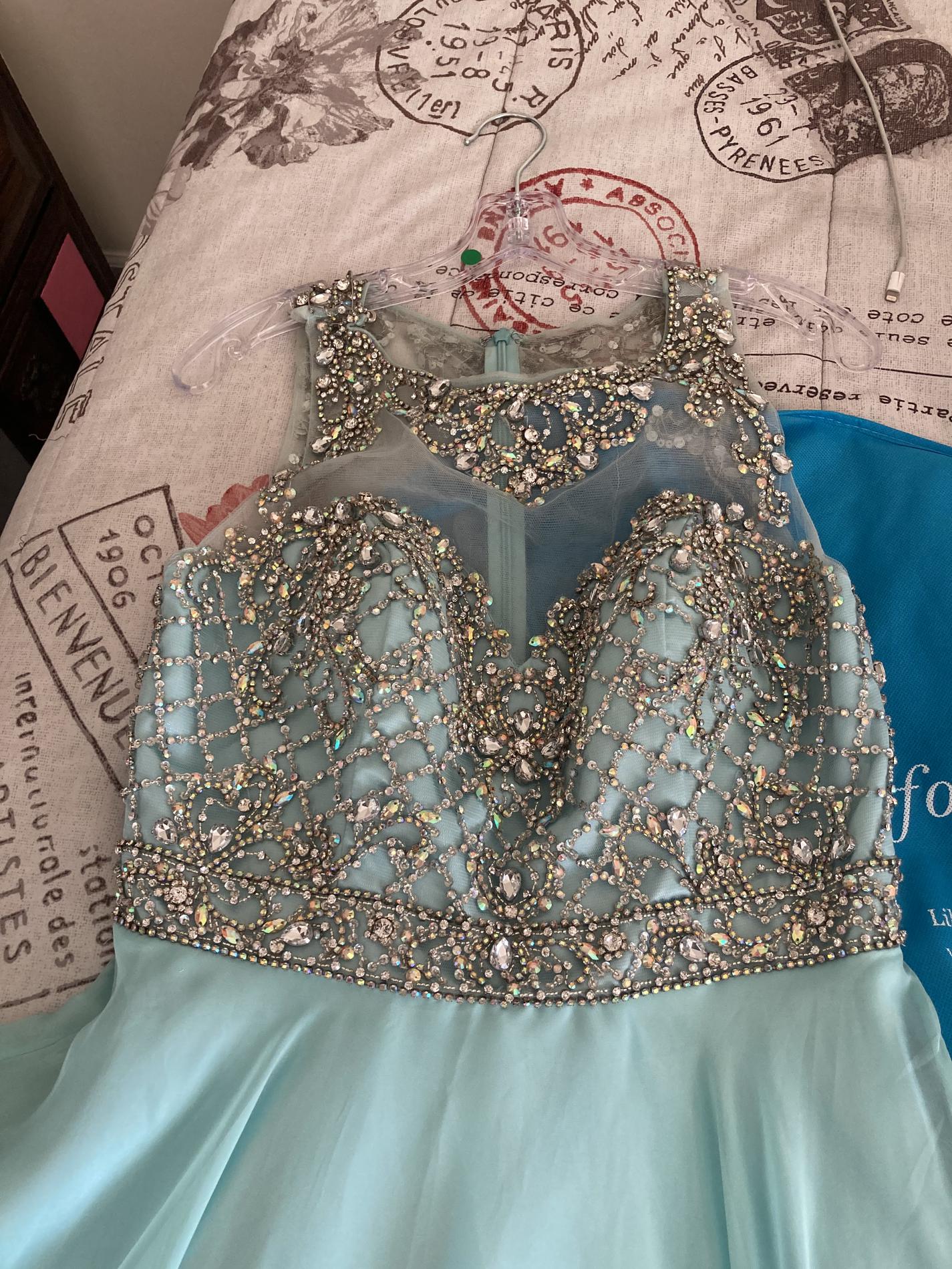 Size 8 Prom High Neck Sequined Light Blue Ball Gown on Queenly