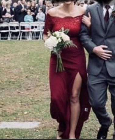 Size 4 Bridesmaid Off The Shoulder Lace Burgundy Red Side Slit Dress on Queenly