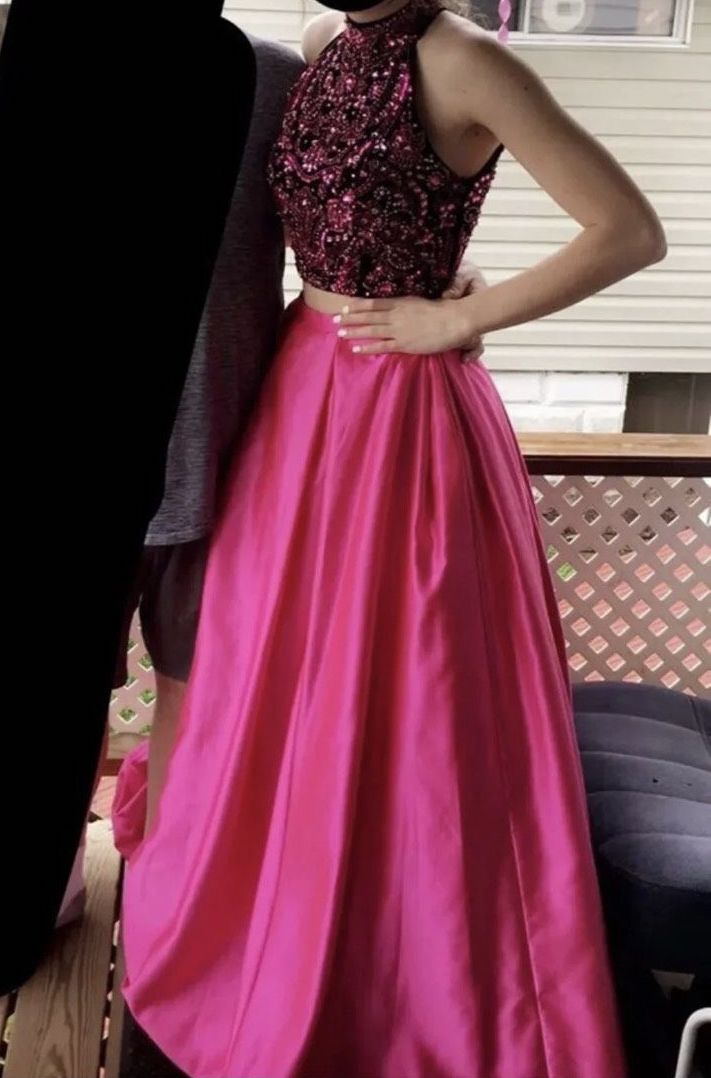 Sherri Hill Size 8 Prom High Neck Satin Hot Pink Ball Gown on Queenly