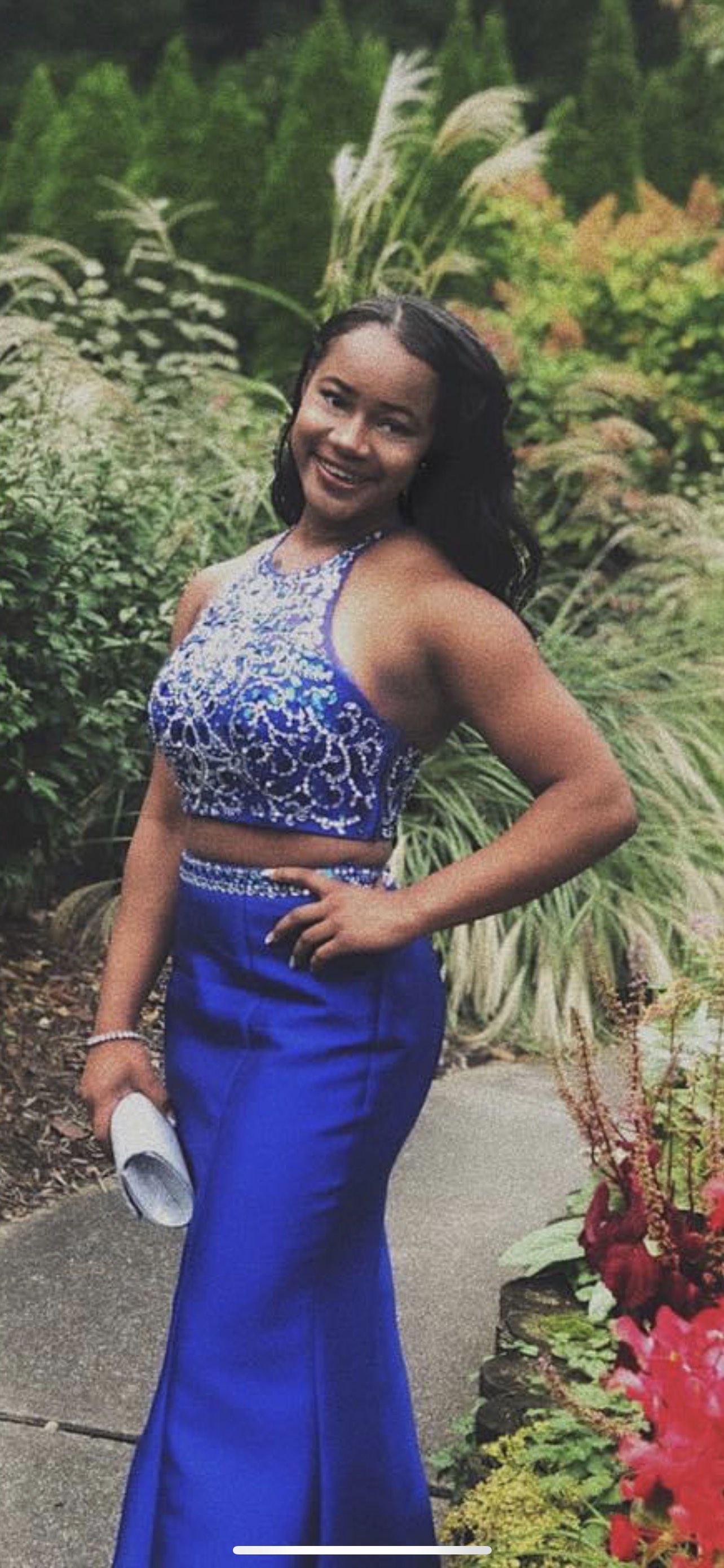 Primavera Size 2 Prom Halter Sequined Royal Blue Mermaid Dress on Queenly