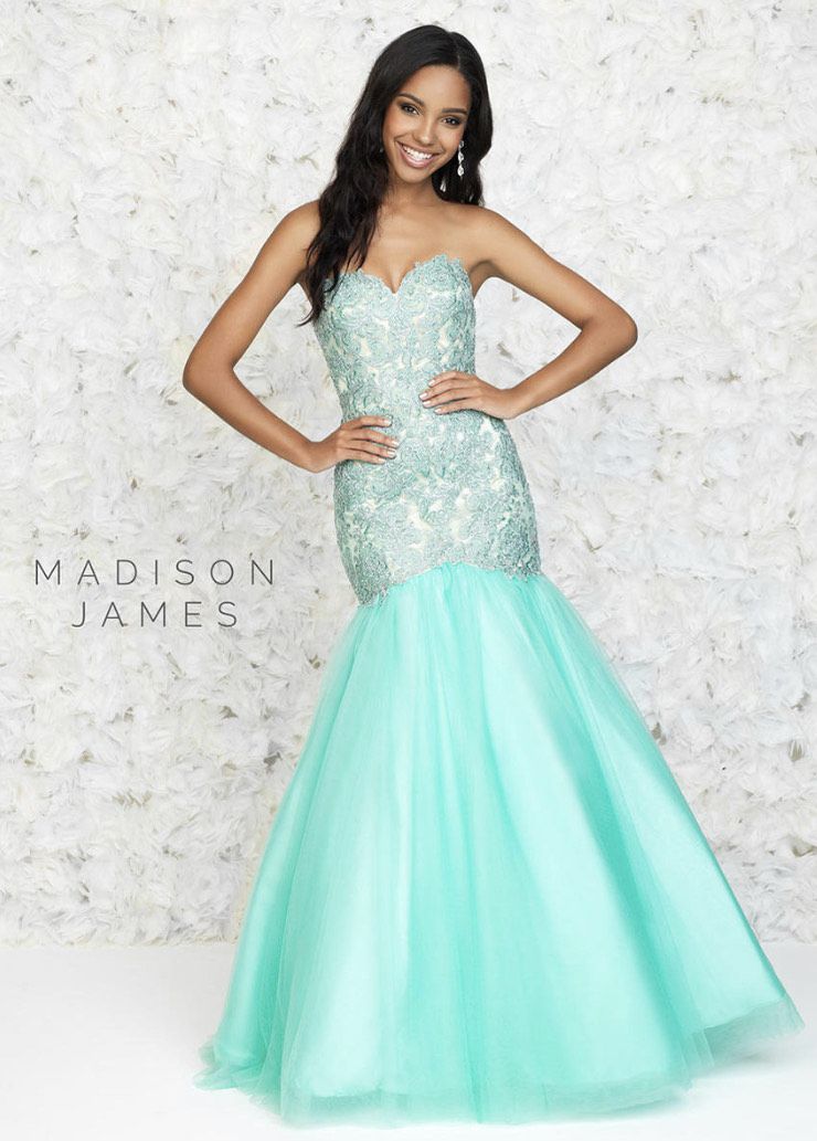 Madison James Size 4 Pageant Strapless Lace Light Blue Mermaid Dress on Queenly