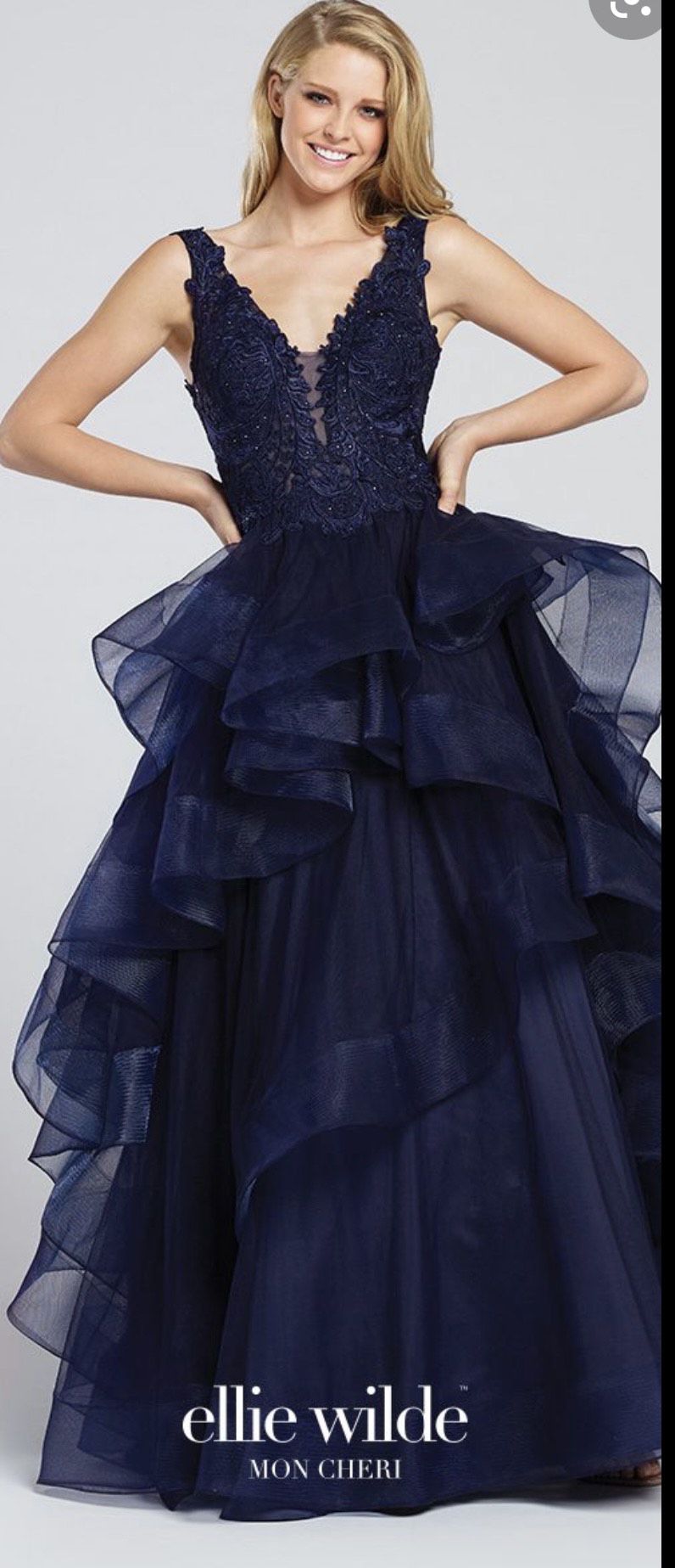 Ellie Wilde Size 4 Prom Plunge Navy Blue Ball Gown on Queenly