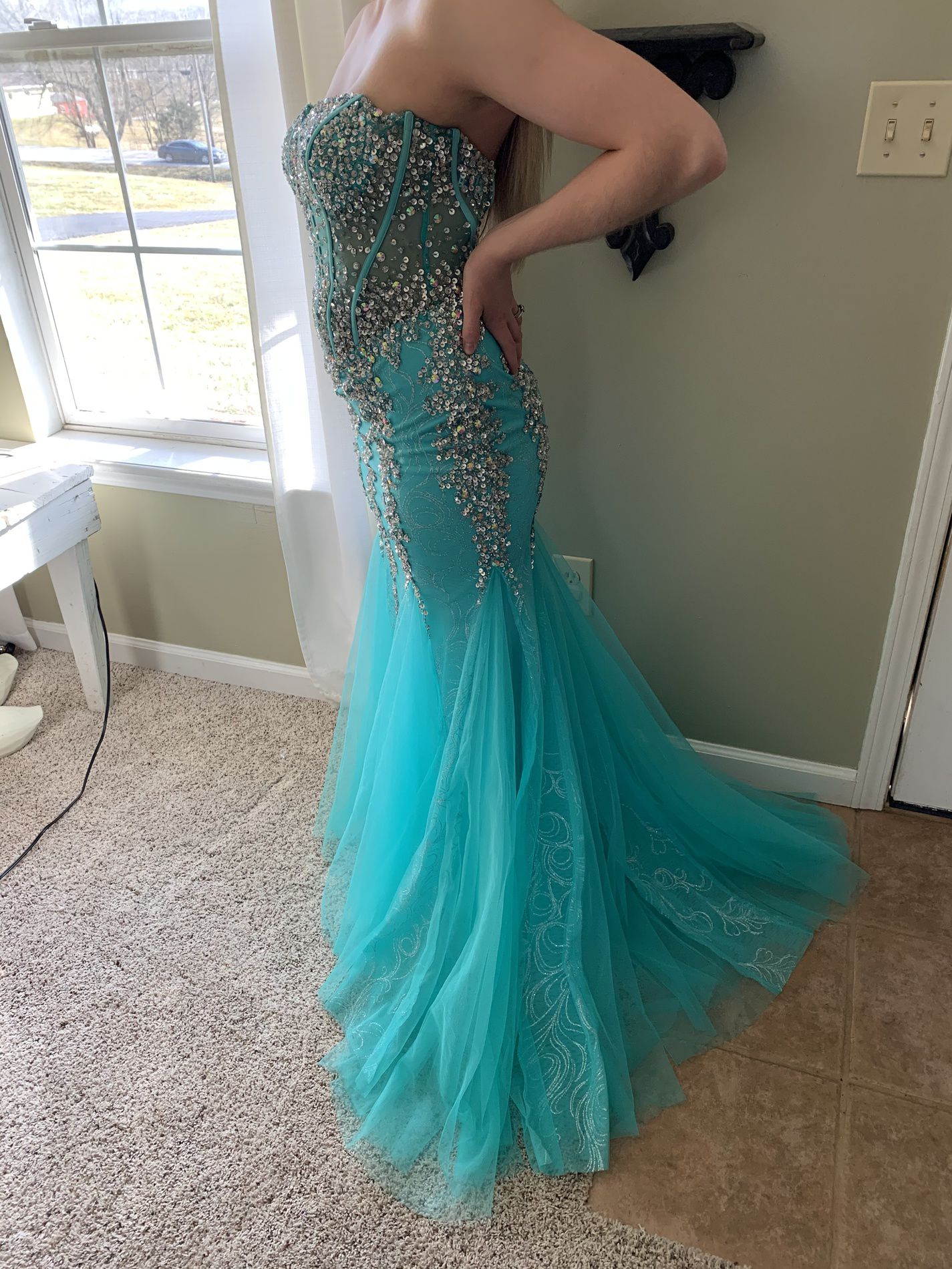 Jovani Size 0 Prom Strapless Sequined Blue Mermaid Dress on Queenly