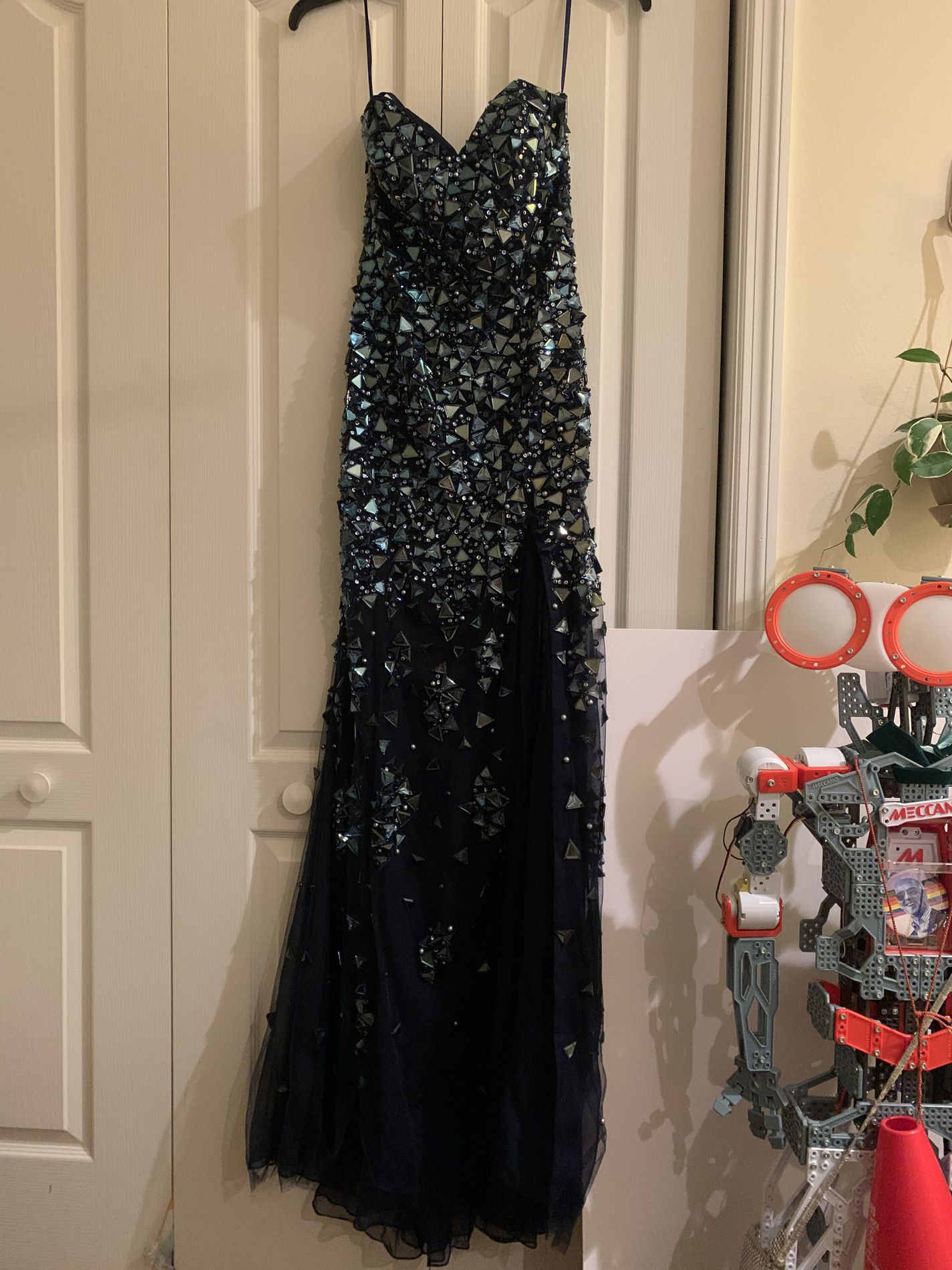 Jovani Size 8 Sequined Blue Side Slit Dress on Queenly