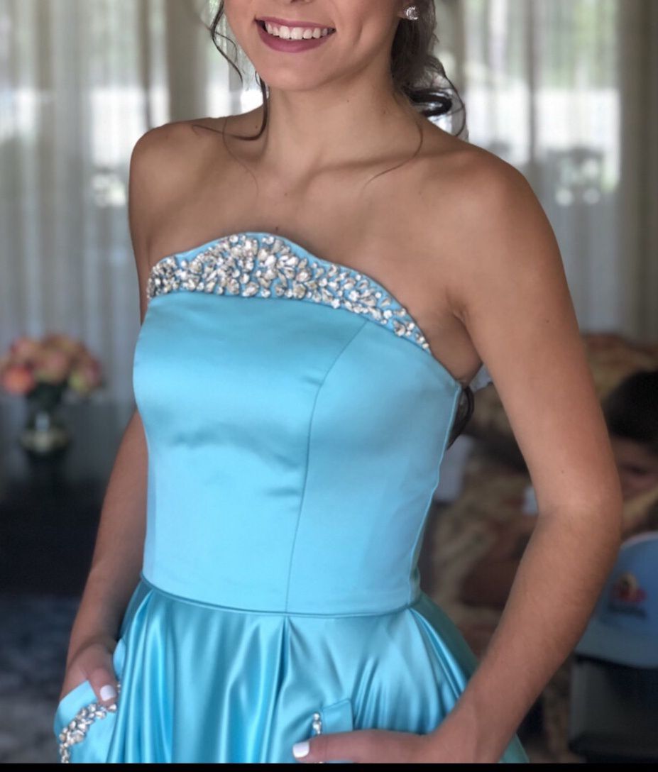 Sherri Hill Blue Size 0 Pockets Strapless Prom Ball gown on Queenly
