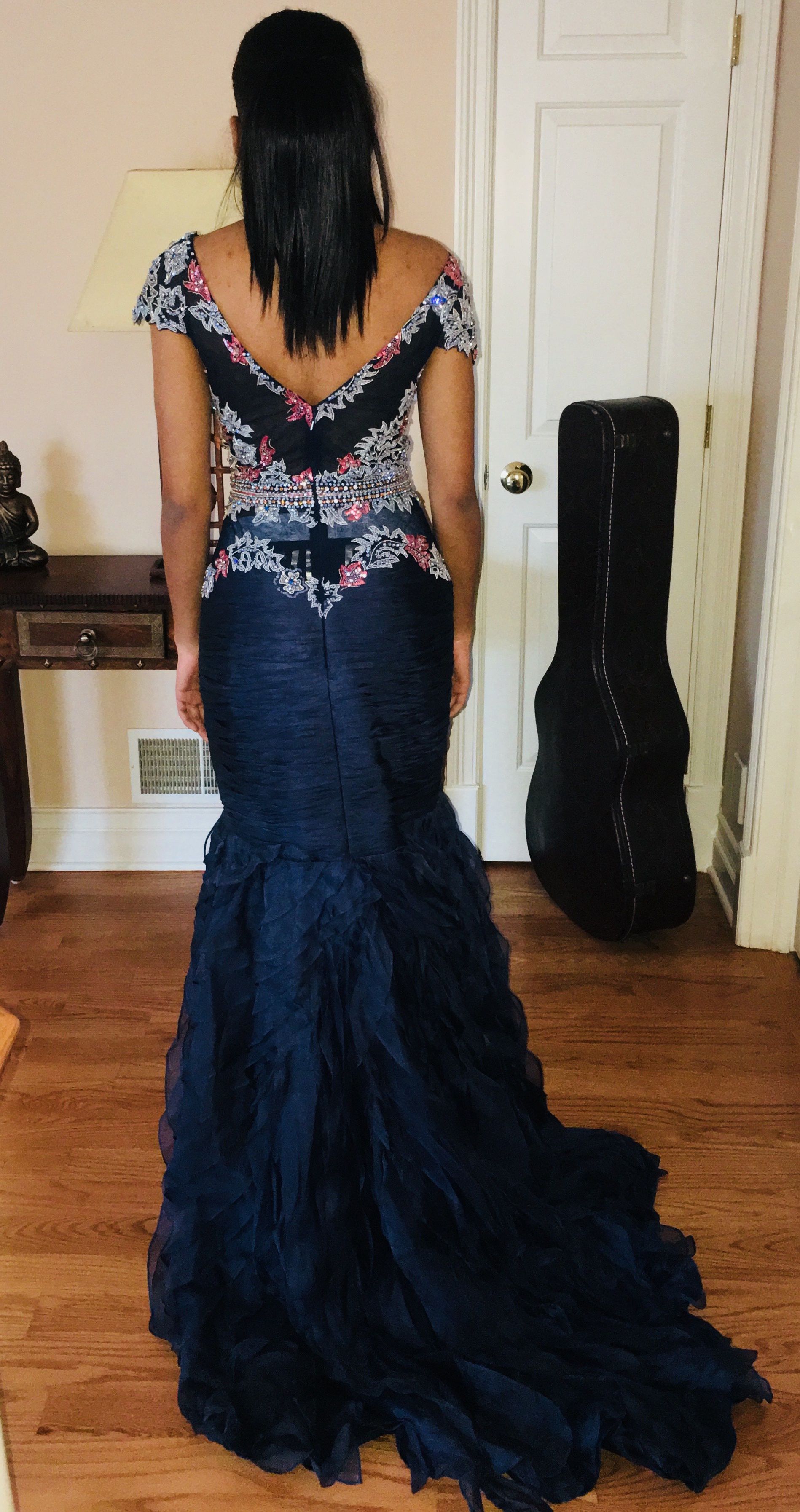 Sherri Hill Size 6 Prom Cap Sleeve Floral Navy Blue Mermaid Dress on Queenly