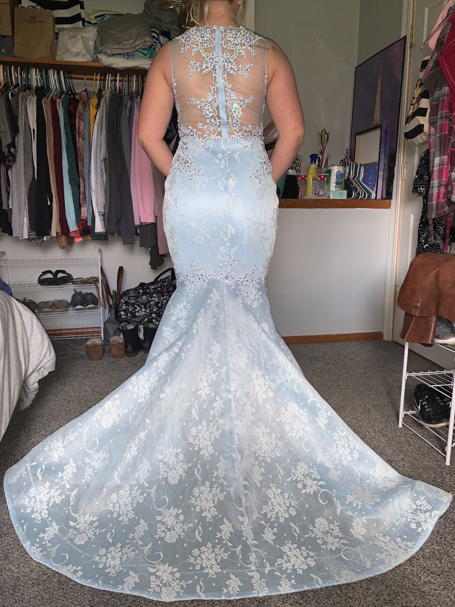 Dave and Johnny Size 8 Prom Plunge Lace Light Blue Mermaid Dress on Queenly